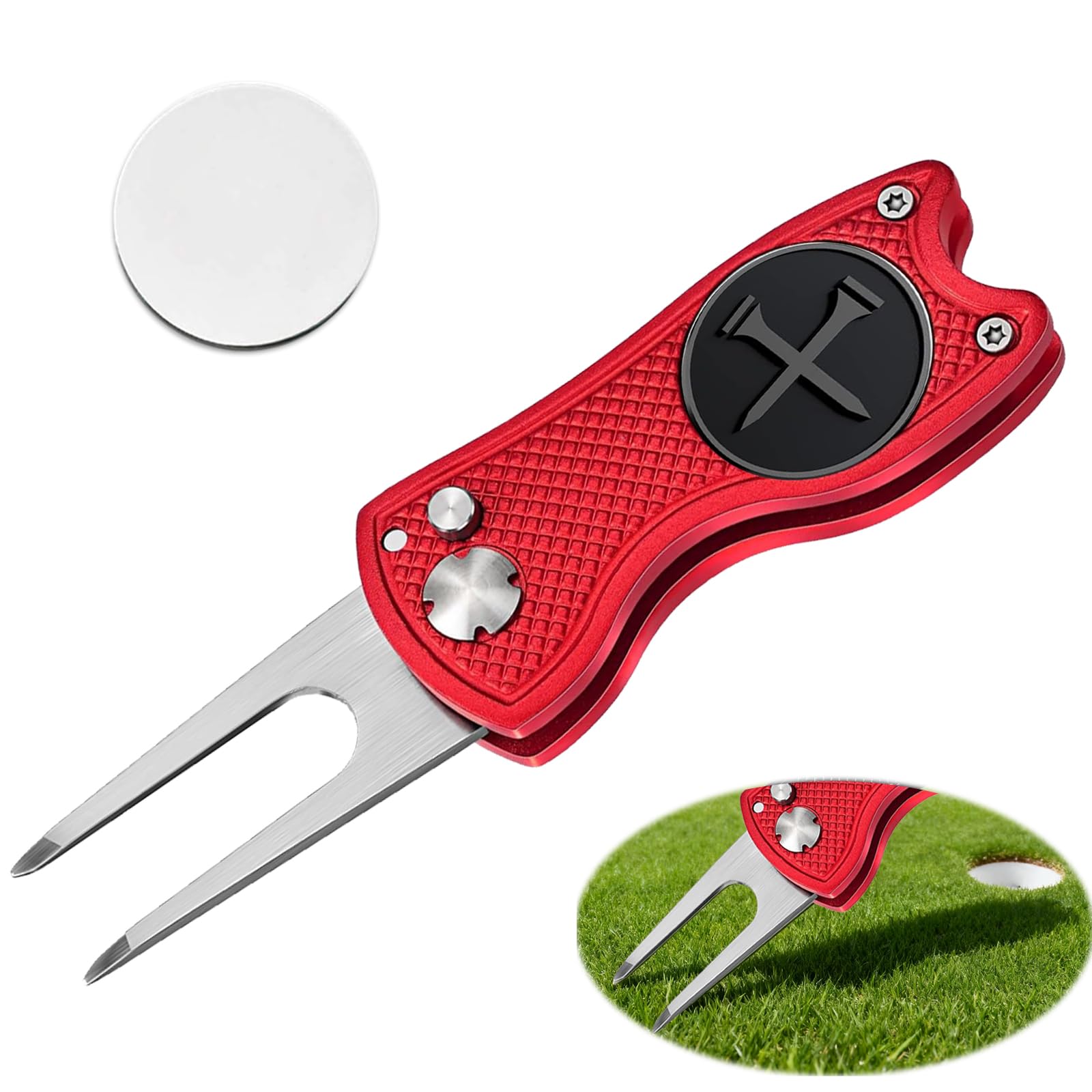 Adhere Golf Divot Tool & Golf Ball Markers Set with A strong Magnetic Hat Clips, Premium Golf Gift Pack (All metal Red Pitchfork+Black golf tee ball marker)