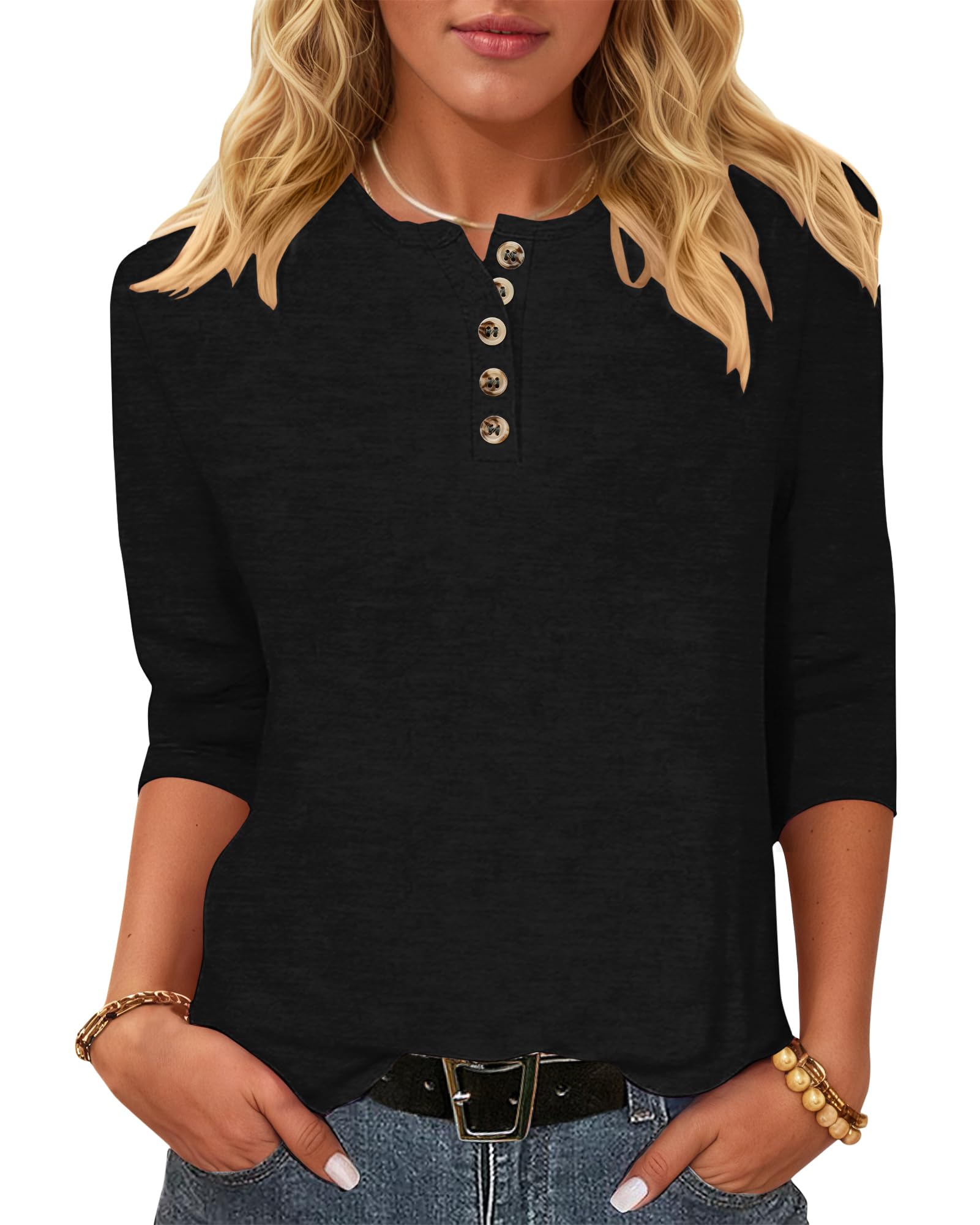 WNEEDU T-Shirt Damen 3/4 Arm Bluse - Henley Shirt Rundhals Tshirt Leichte Pullover Lässig Tops Basic Ganzjahres Oberteile mit Knöpfe