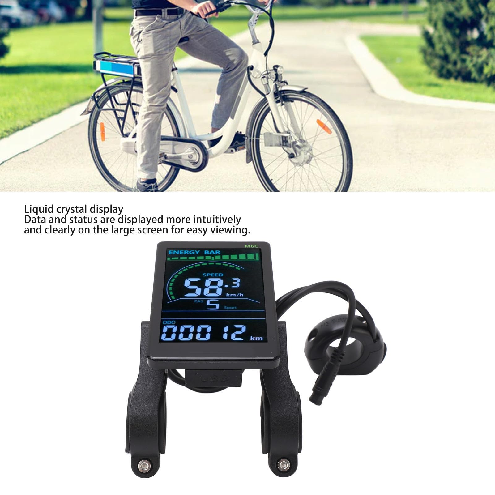 M6C Electric Bike LCD Display, Electric LCD Display Meter for 24V 36V 48V 60V with 6 Pin Compatible with Most 22.2Mm Handlebars Bike Replacement Parts