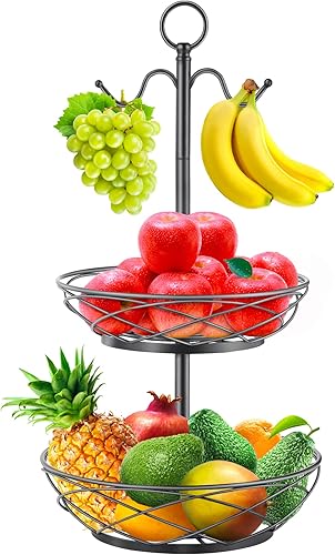 Cesta de frutas Frutero de 2 niveles con colgador de plátano para encimera de cocina Elegante negro