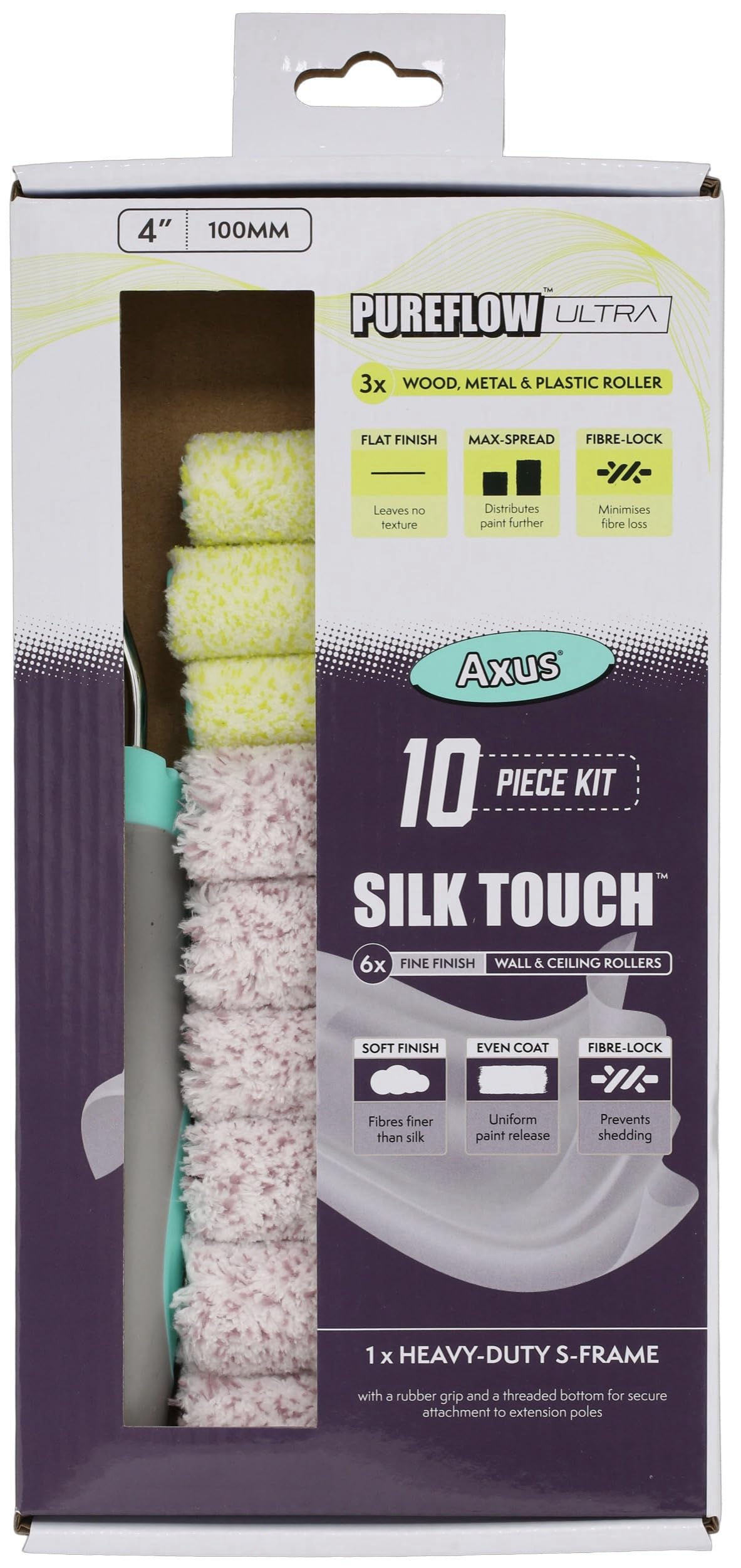 Axus Decor - Silk Touch/PureFlow Ultra Roller Kit (9 Rollers & Frame) 4"/100mm, Kit of 10 Pieces