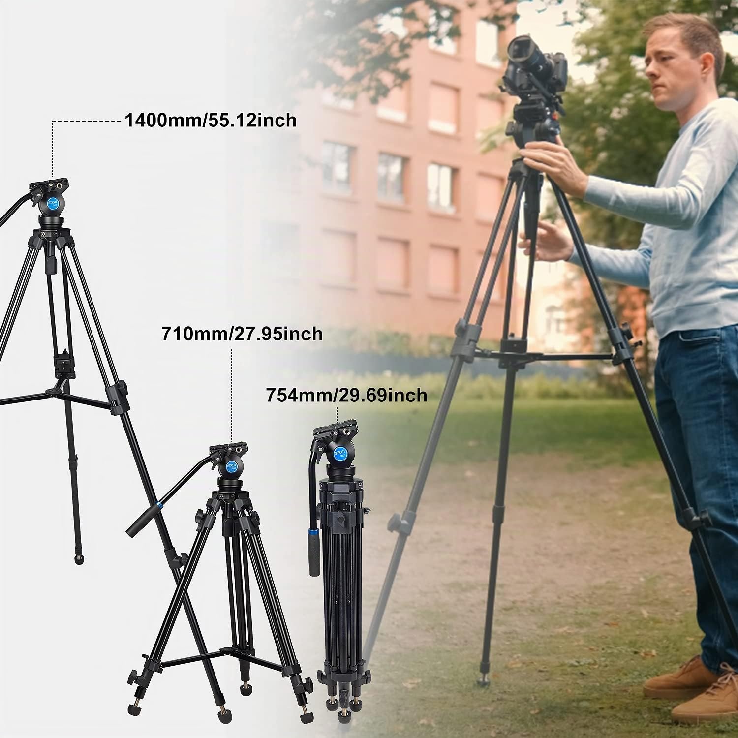 SIRUI SH05 Treppiede Video con Testa Fluida a 360°, Supporto Treppiede Leggero in Alluminio per Fotocamera Reflex, DSLR, Treppiede Cavalletto Videocamera, Altezza Massima 140cm, Carico Massimo 6kg