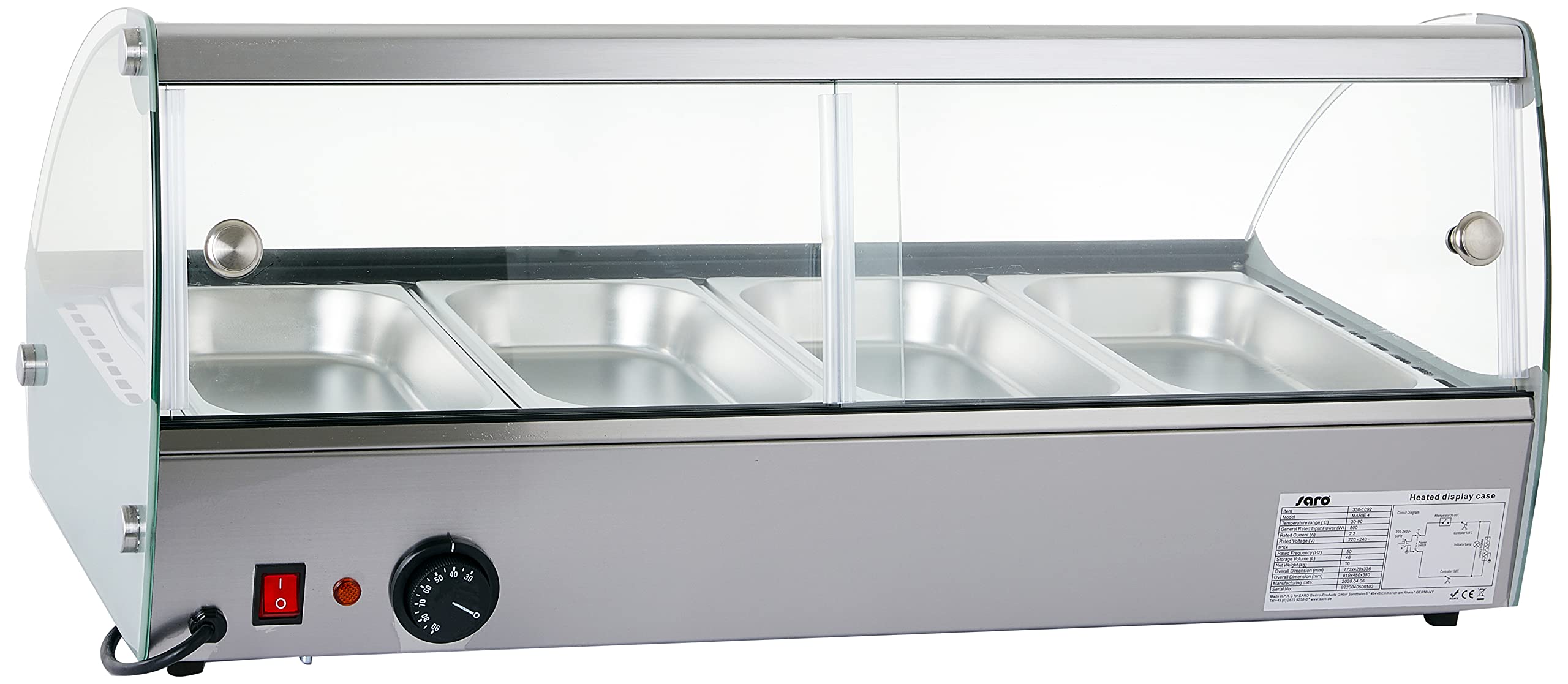SARO MARIE 6 Vitrina caliente, 68 l, incluye 6 GN 1/3 de 40 mm, acero inoxidable y cristal, temperatura +30 a +90 °C, 0,8 kW