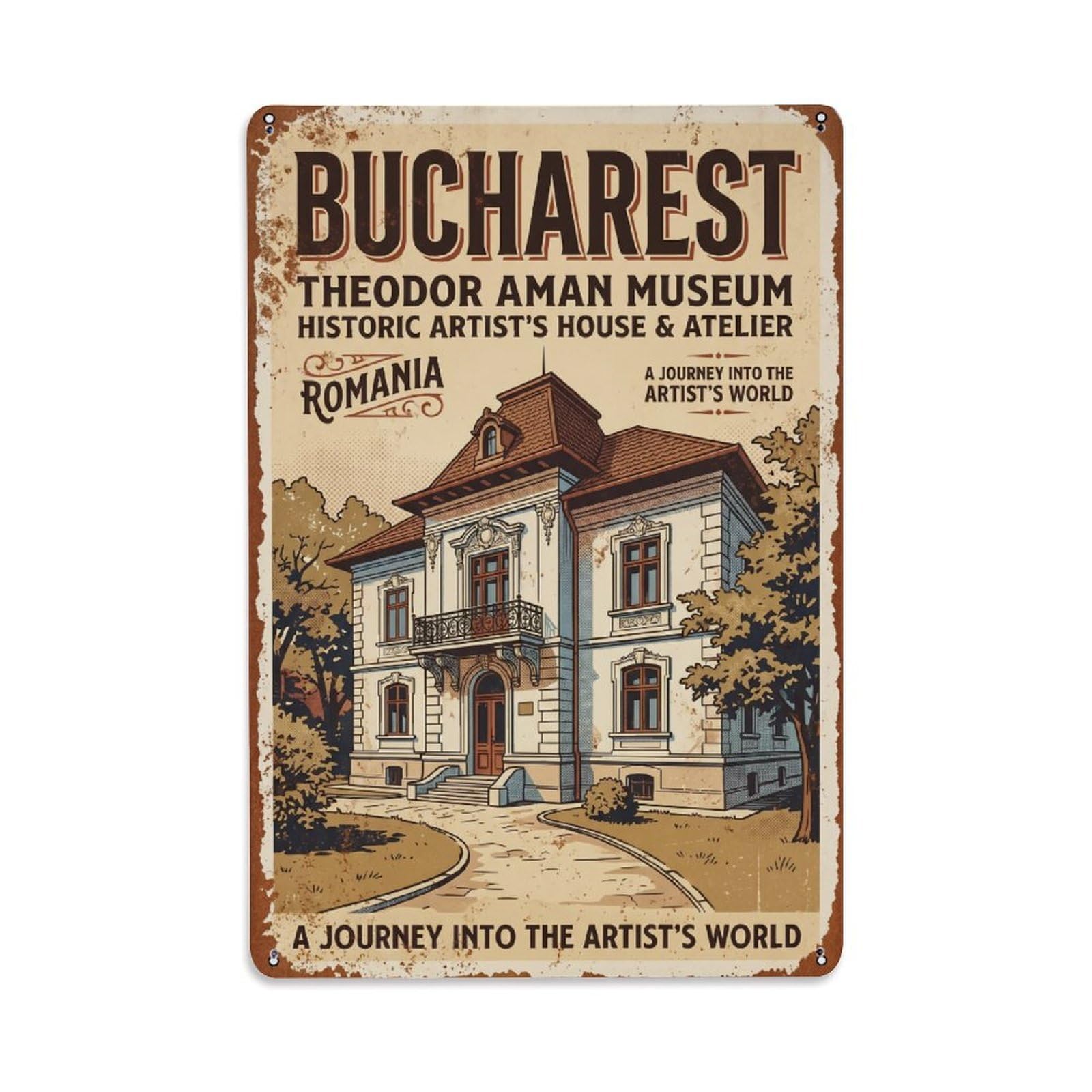 Vintage Travel Bucharest Theodor Aman Museum Artist House Romania Metal Tin Sign Plaque Wall Decor for Cafe, Club Bar, Office, Home Garden Metal Poster 8x12Inch