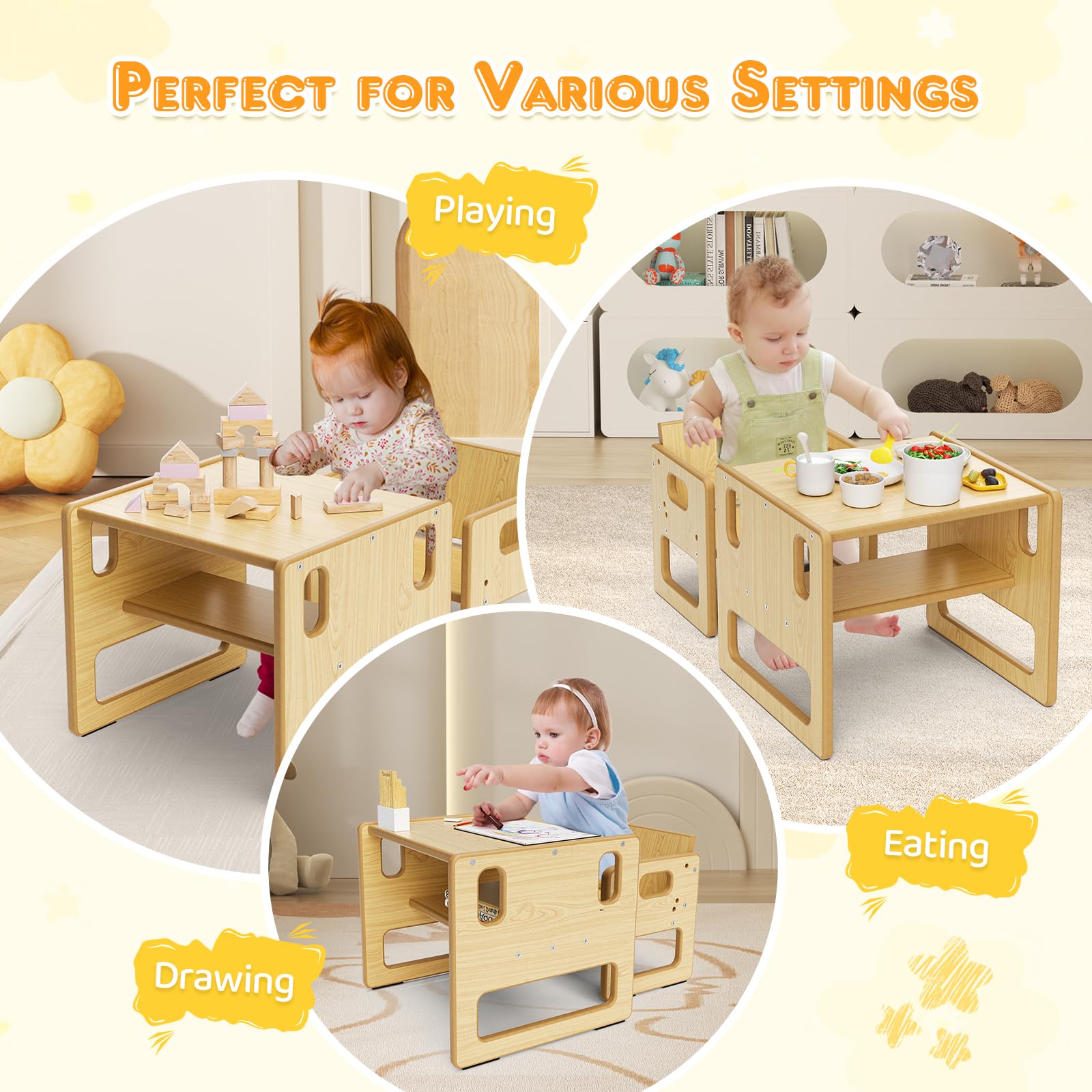 Montessori Set Tavolo e Sedia per Svezzamento Regolabile Bambini Piccoli Pasti Apprendimento Gioco