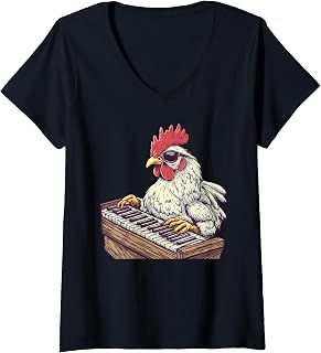 Womens Cute Chicken Playing Piano Musician Music V-Neck T-Shirt