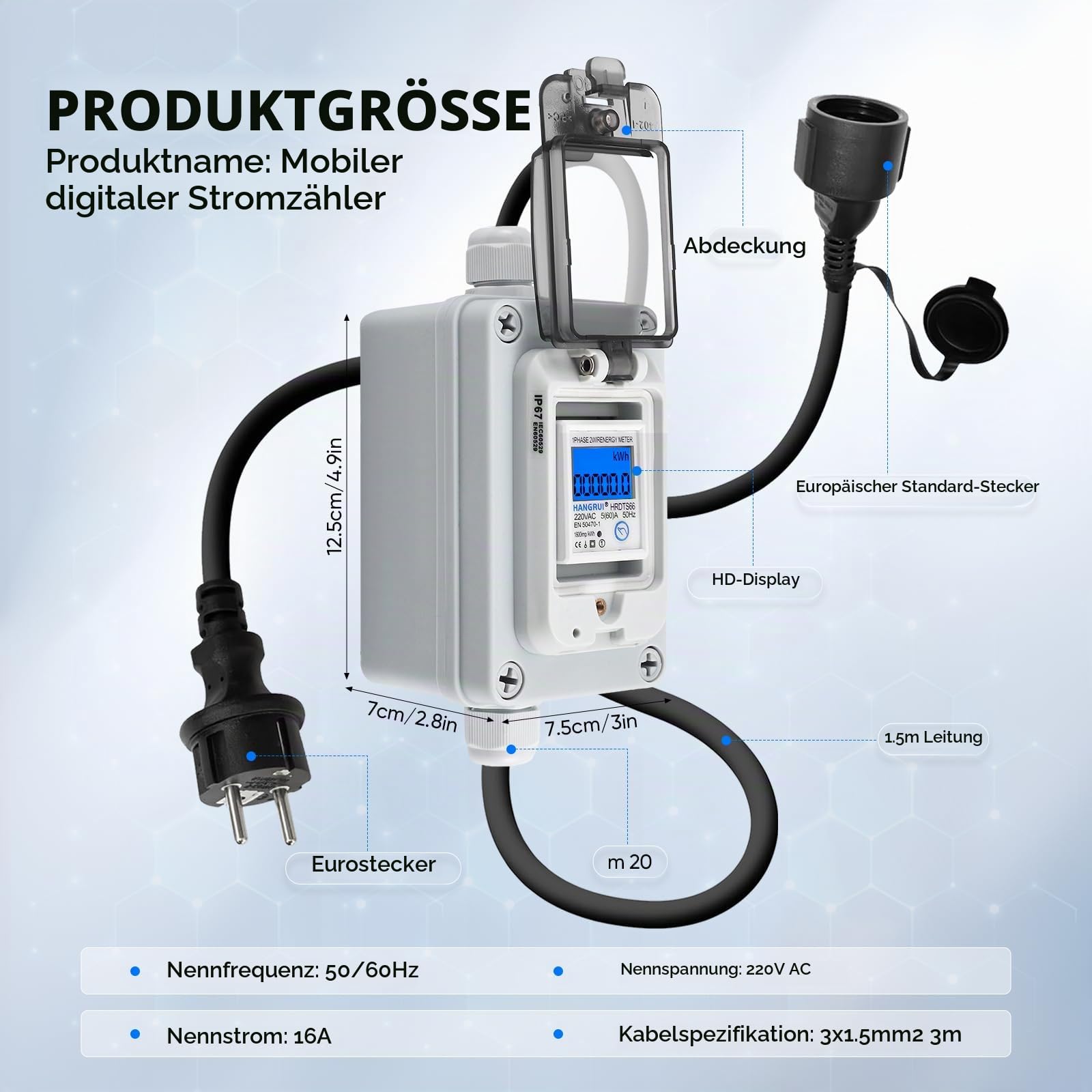 Mobiler Stromzähler Steckdose IP67 Wasserdicht, 16A CEE Zwischenzähler mit KWH-Anzeige, Stromzähler Auslesen per Display für Camping, Wohnmobil & Elektroauto, 3m Gummikabel