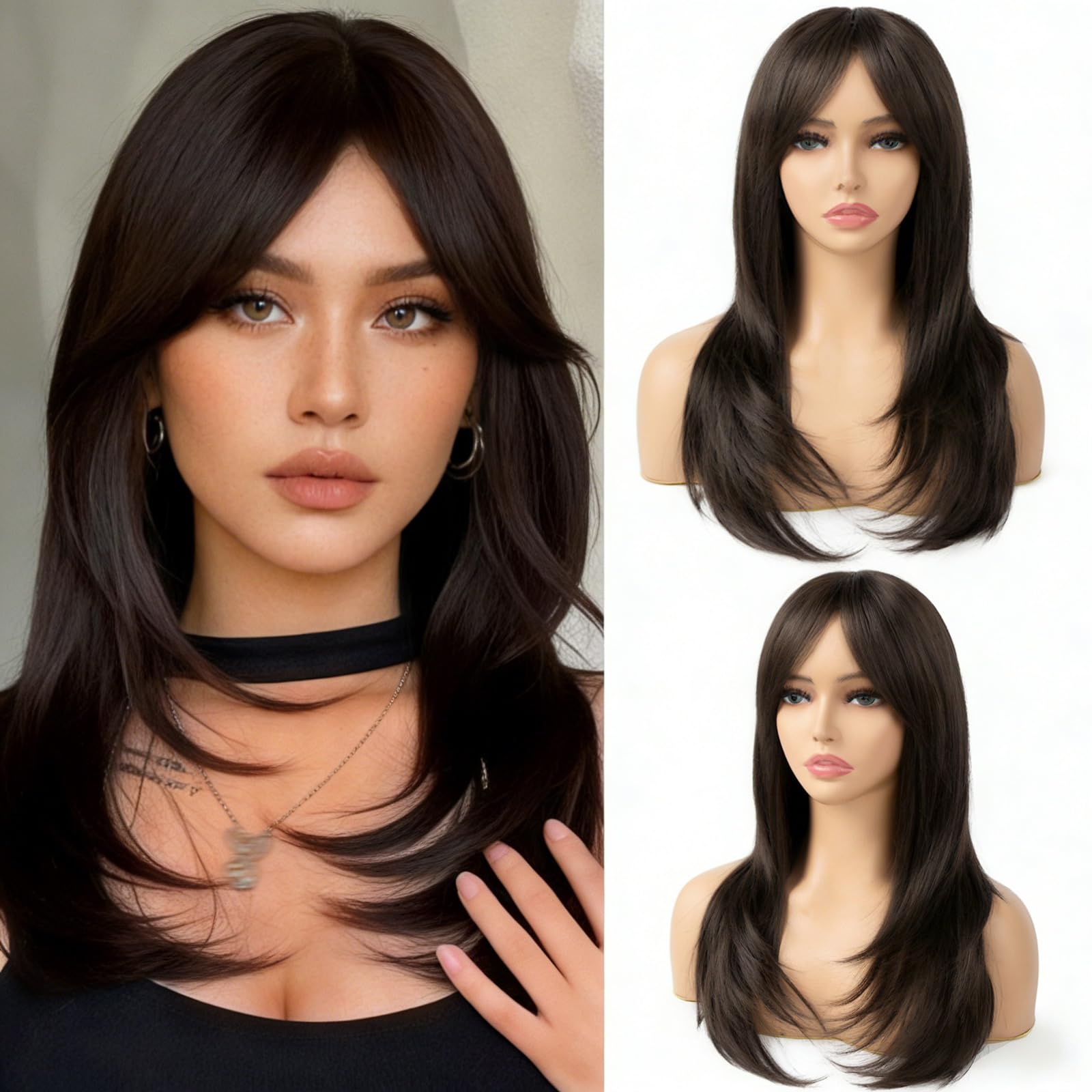- Akashkrishna Hair Wig with Bangs | Long Layered Straight Brown Wigs for Women | Natural Heat Resistant Synthetic Hairs | Coplay Fashion Daily Party Wigs | with WigCap & Comb