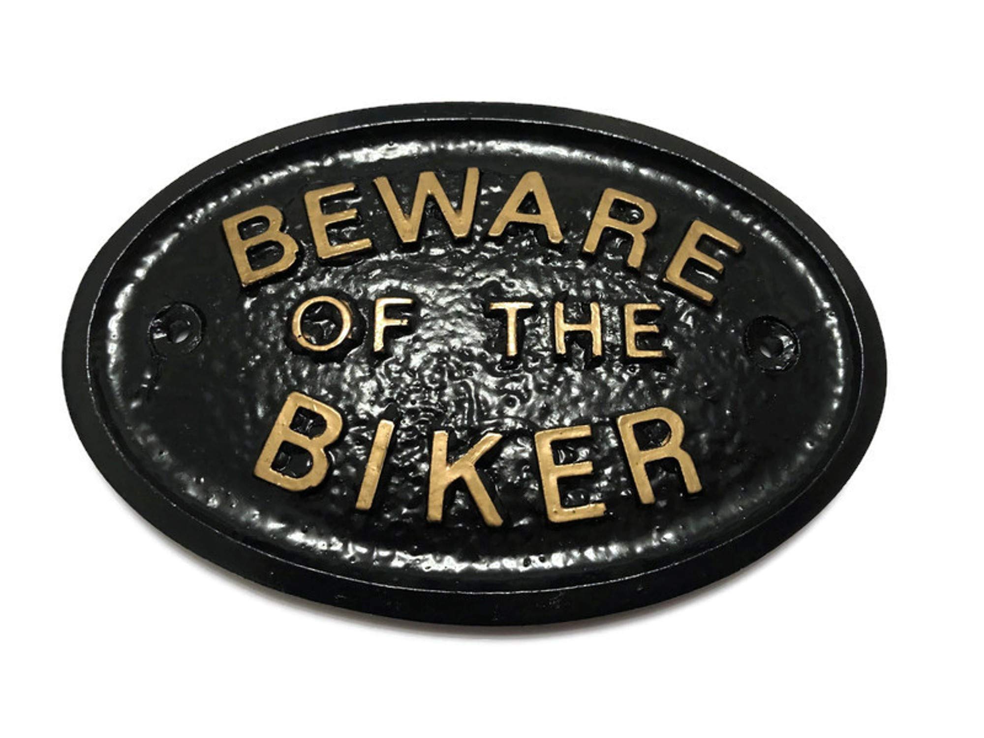Artisan Black "Beware Of The Biker" Wall/Gate Sign In With Gold Raised Lettering