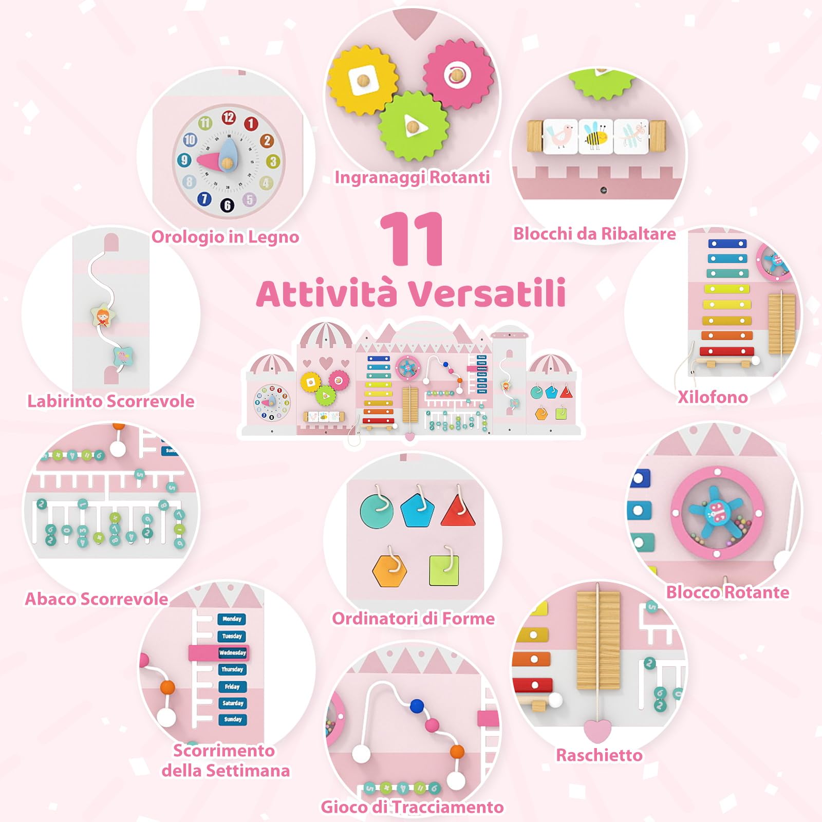 COSTWAY Pannelli da Parete con attività, Busy Board 11 in 1 Montessori in Legno per Sviluppo Sensoriale, Centro di attività Educativo Montato a Parete per Stanza Giochi, Asilo Nido (Castello)