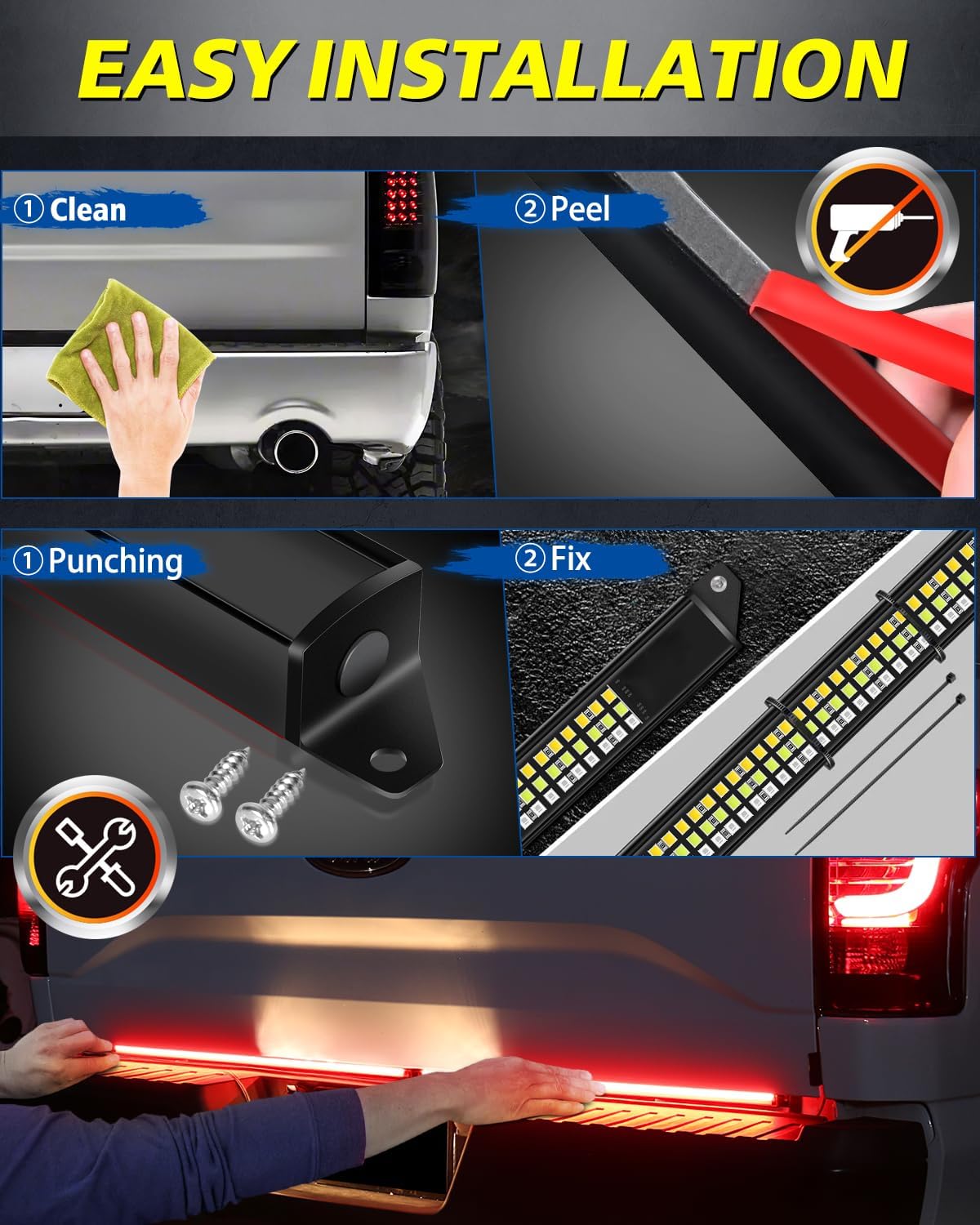 60" Triple Row LED Tailgate Light Bar Strip w/Sequential Amber Turn Signal/Strobe, Red Brake/Running, White Reverse Lights for Pickup Trucks Trailer RAM Chevy