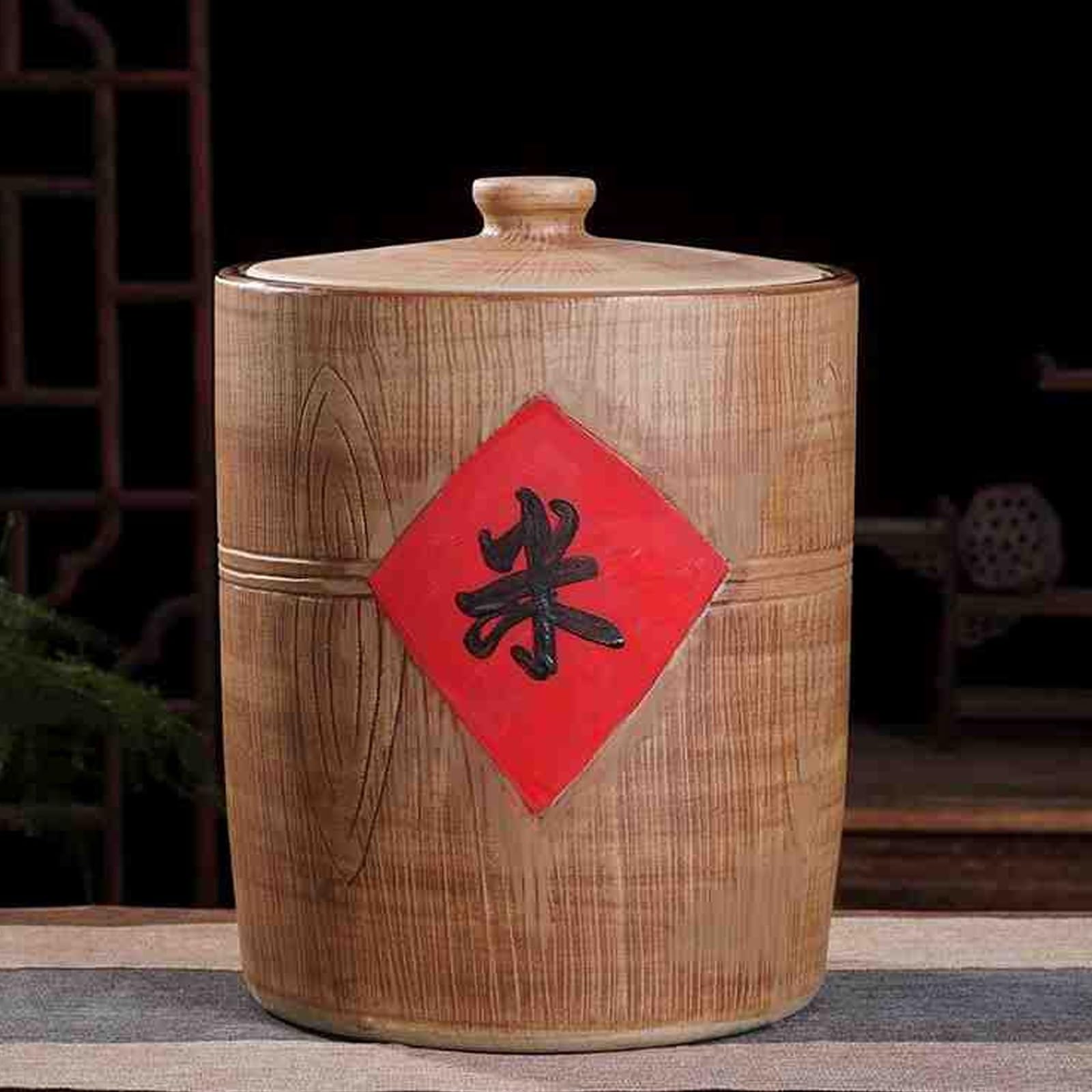 MESCXTY Ceramic Rice Bucket Jar with Lid, Food Storage Containers, Kitchen Sealed Container, Cylinder for Rice, Soybeans, Corn, Flour, Oatmeal(Brown B)