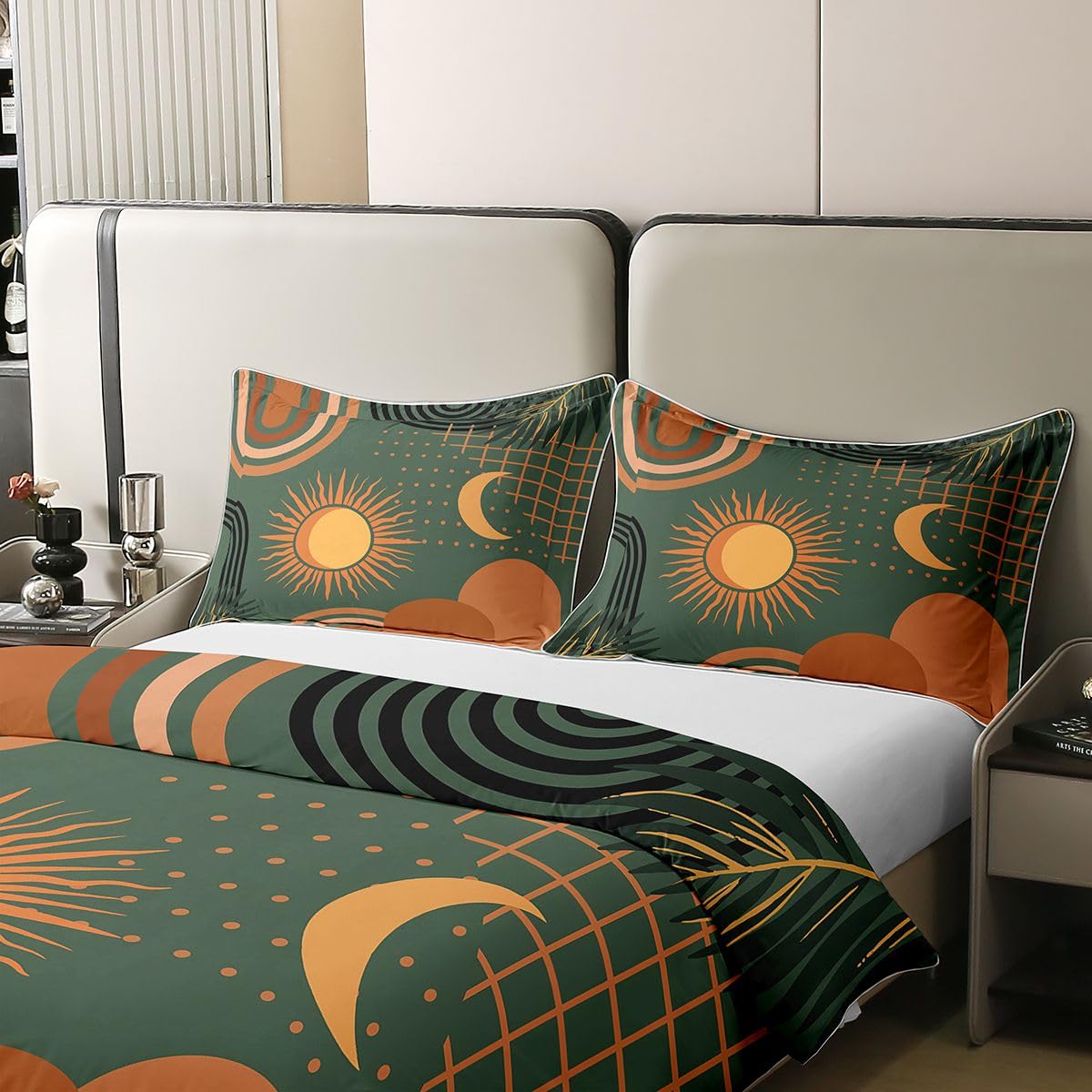 Homewish Geometryczny zestaw pościeli na łóżko podwójne z połowy wieku z 2 poszewkami na poduszki - słońce i księżyc boho geometryczna bawełniana poszewka na kołdrę boho abstrakcyjne linie poszewka na