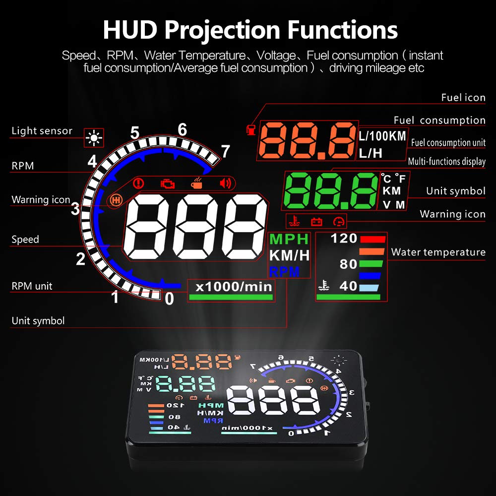 OBD2 HUD Auto Head Up Anzeige A8 HUD Digitale Geschwindigkeitsmesser Windschutzscheibe Geschwindigkeitsprojektor Anzeige mit Beschleunigung Wassertemperatur RPM Alarm