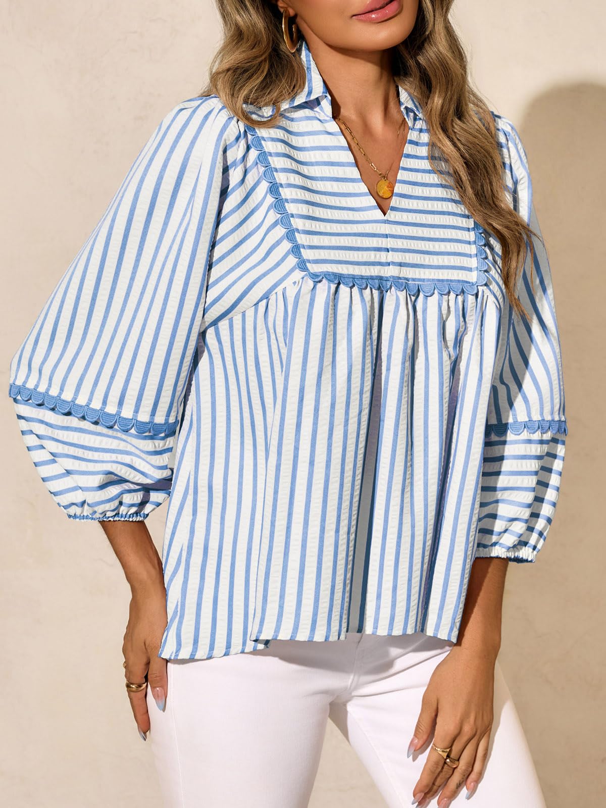 Tankaneo Blusa tipo babydoll a rayas para mujer, de gran tamaño, manga 3/4, péplum, ajuste holgado, plisada, lindas camisas