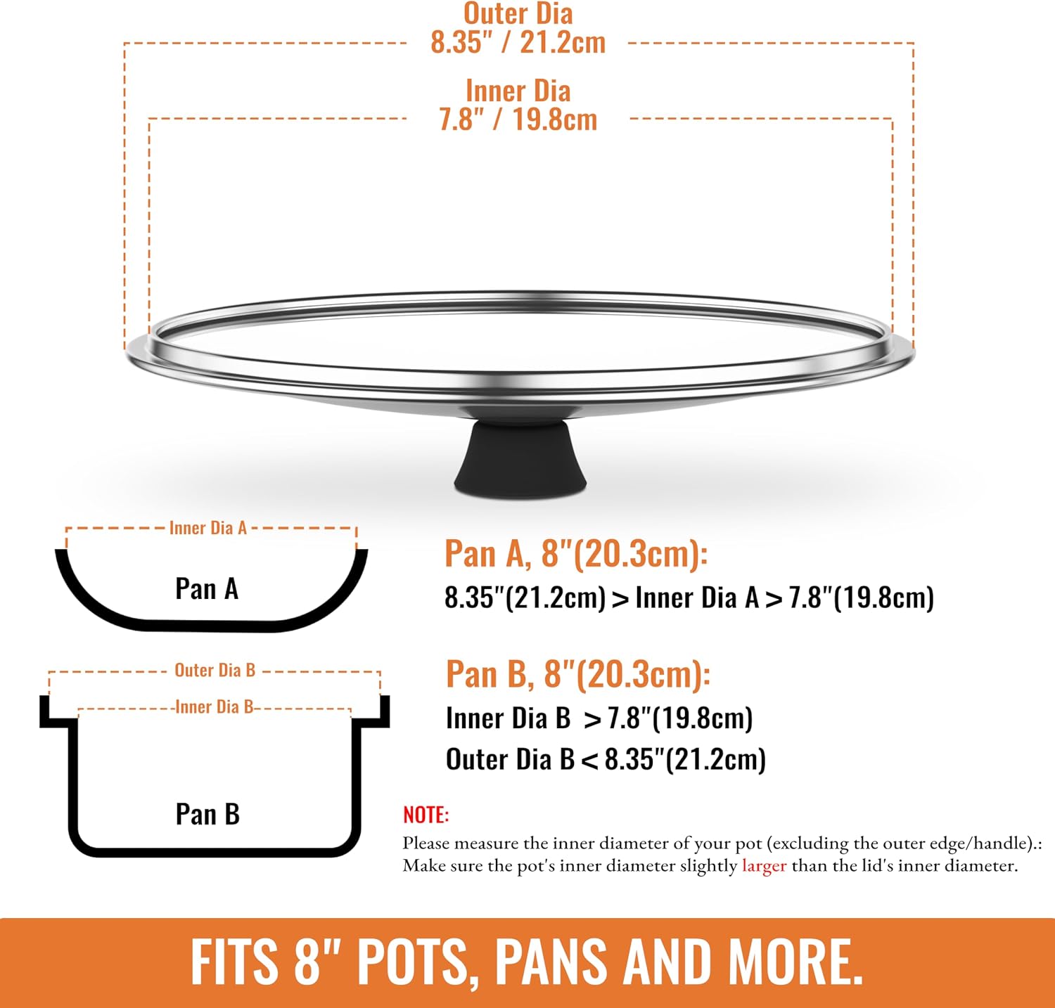 8 Inch Pan Lid For Pots Pans and Skillets, Cast Iron Skillet Lid, Tempered Glass Pan Lids, Replacement Pan Cover for Frying, Wok, Crock Pot Lid with Wide Stainless Steel Rim, Cooking Pot Covers