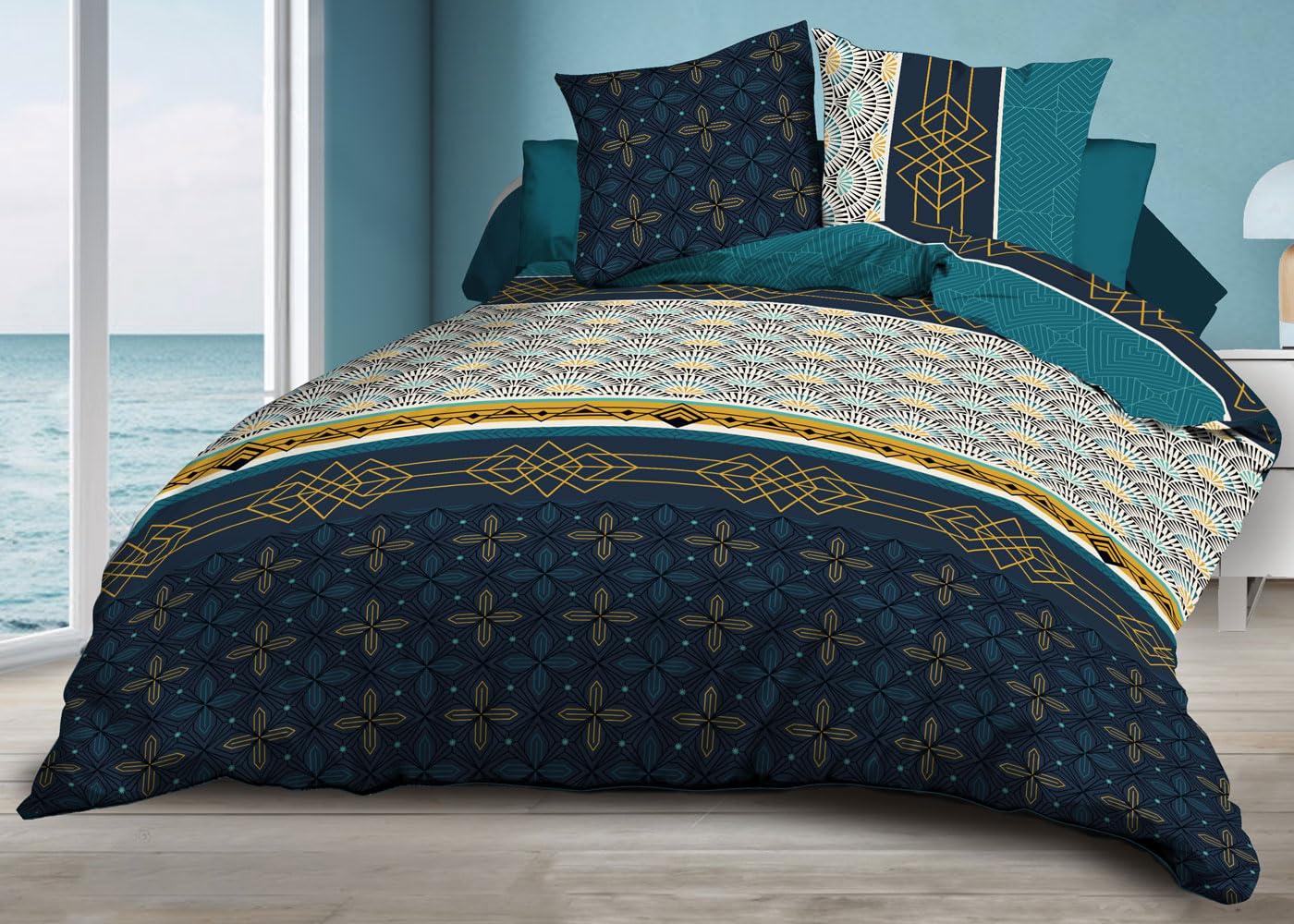 Le Linge De Jules Azul Biarritz - Funda Nórdica De 240 X 260 Cm Y 2 Fundas De Almohada, Microfibra Suave Y Resistente, Fácil Mantenimiento, Color