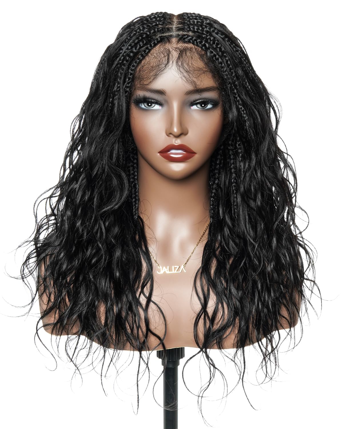 JALIZA Michelle 22" Glueless Boho Box Braided Wig Black 1B, Virgin Human Hair Roots Pre-Bleached Swiss HD Full Lace, Synthetic Braids, Itch-Free Salon-Style Wig