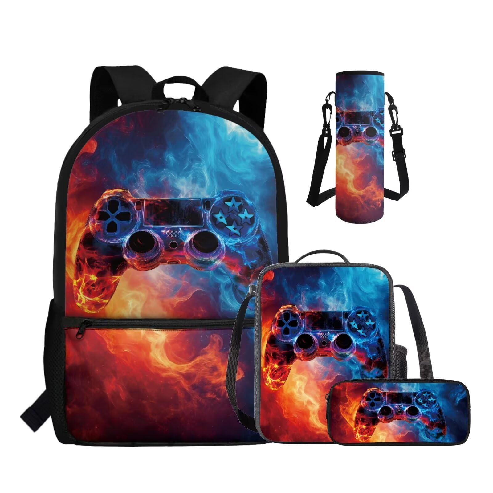 Dolyues Zaino per console di gioco retrò per ragazzi con contenitore per il pranzo e copertura per bottiglia d'acqua, set da 4 pezzi, età 10-12 6-8