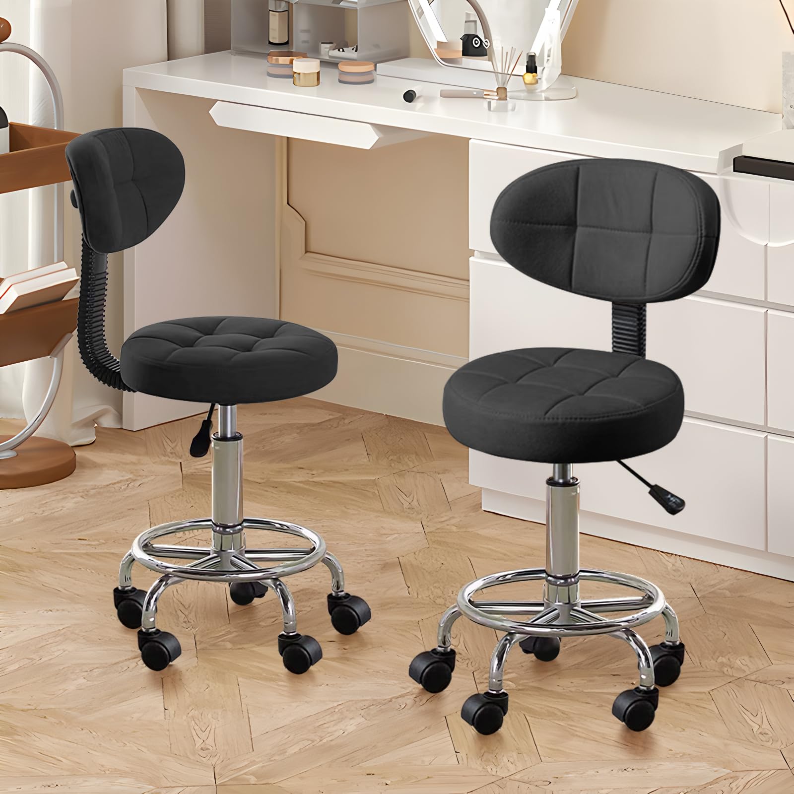 HDHNBA Modern Office Desk Chair,Rolling Stool Computer Chair with Low Back,Height Adjustable Work Home Salon Drafting Swivel Task Chair with Footrest(Black,Pack of 2)