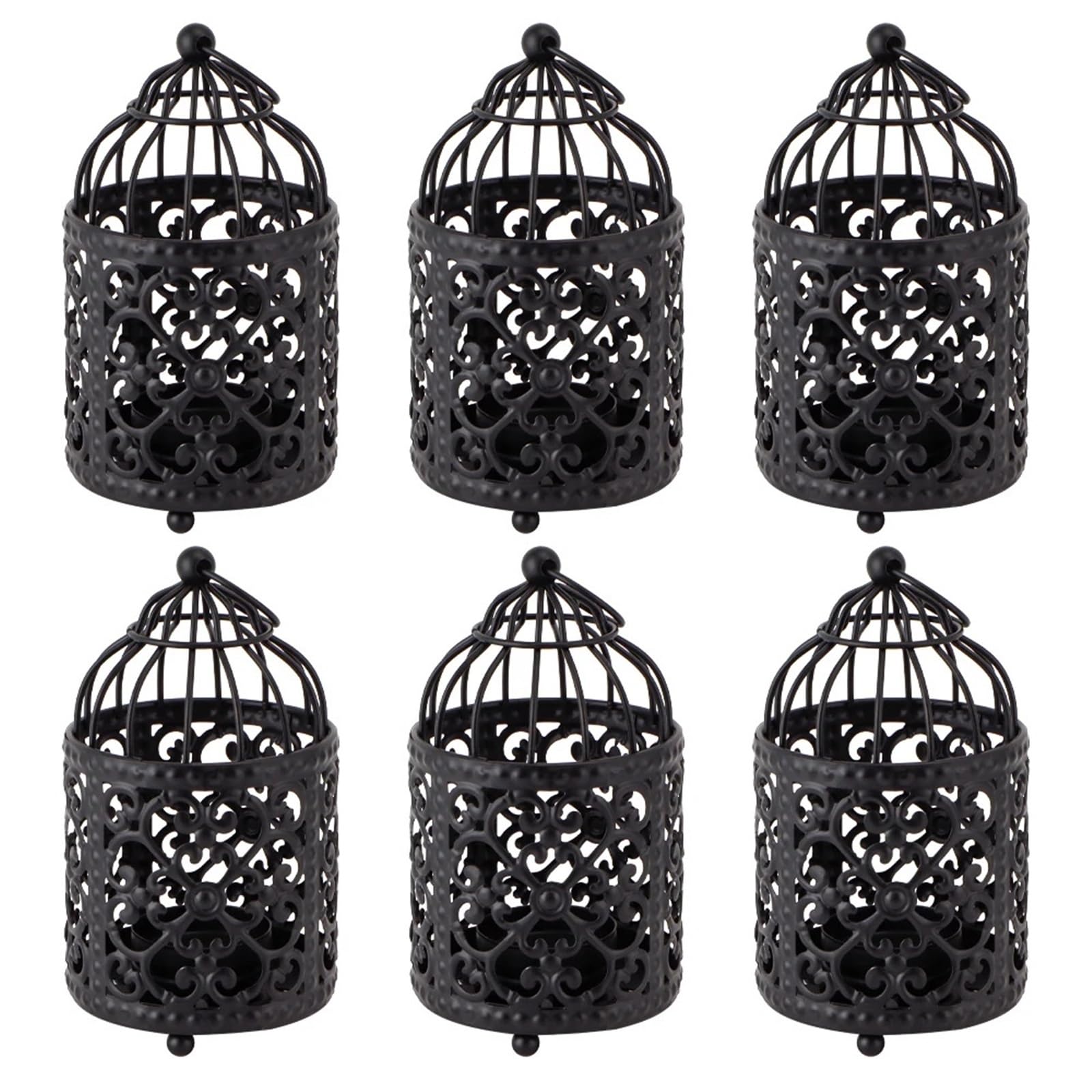 Decorative Lanterns 6 Pcs Bird Cage Metal Small Candle Holder Candlesticks Hollow Hanging Lantern Home Party Wedding Decor(Black)