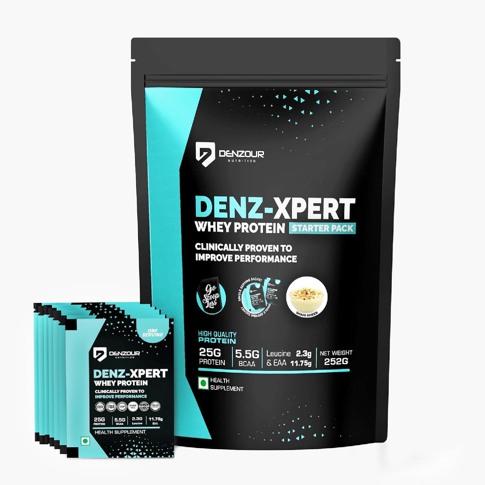 DENZOUR NUTRITION Denz - Xpert Whey Protein Powder| Easy Digesting Muscle Recovery, Muscle Growth & Improved Strength | 25gm Protein, 5.5g BCAA- 7 Sachets, Shahi Kheer Flavour- 252g (7 Servings)