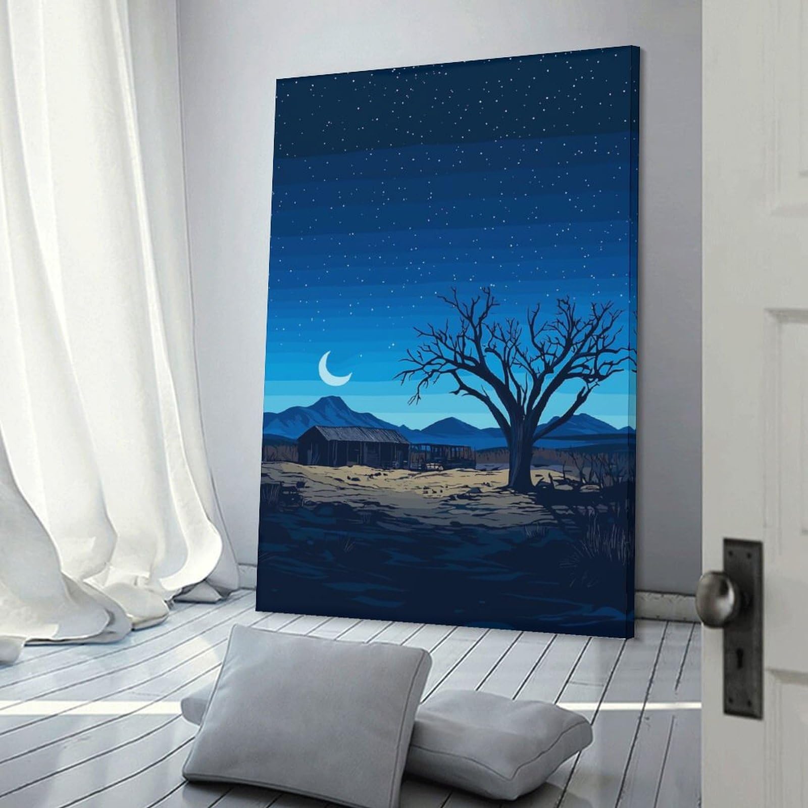 Junmoney Frame-Style-5 Wall Decor Canvas Print Pixel Art Night Landscape With Abandoned House, 12X18inch(30X45cm), For Sofa Walls, Lounge Or Home Corners, Modern Wall Decor For Cosy Interiors