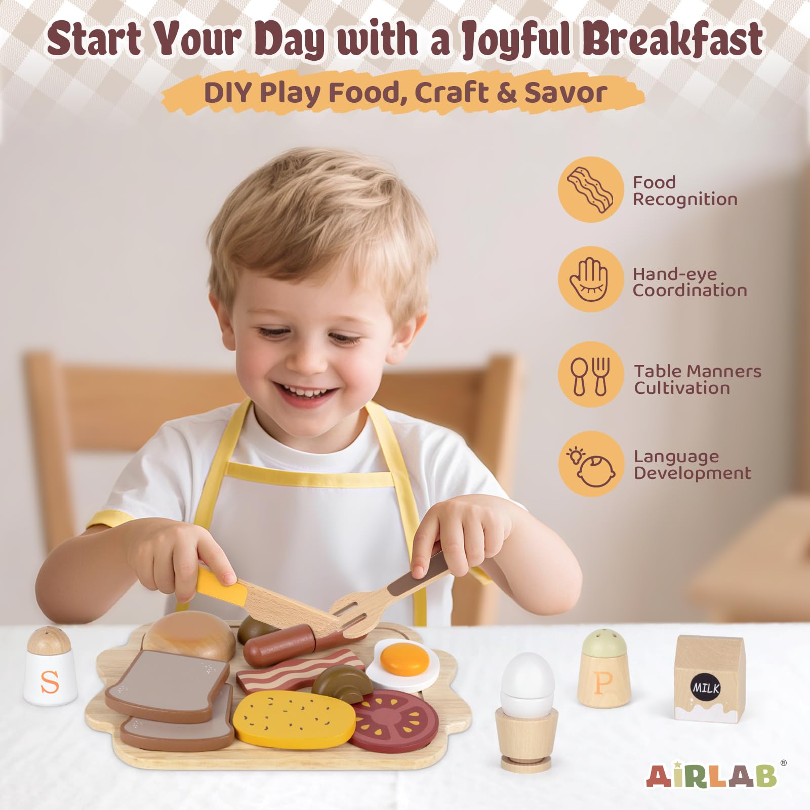 Airlab Jouet en Bois Petit-déjeuner pour Dinette Enfant, Jeux Ustensile Accessoire Cuisine Bois Enfant avec Couteau Aliment Nourriture, Kit Cadeau Anniversaire Pâques Halloween Noël Garçon Fille Bébé