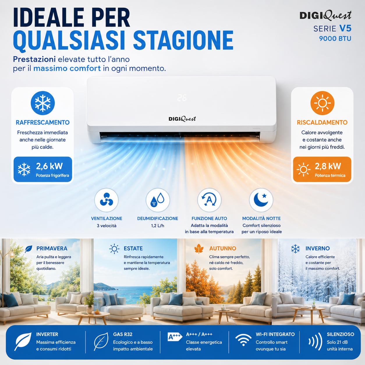 Digiquest Climatiseur inverter V5 9000BTU, Wifi intégré, R32, classe d'efficacité énergétique A+++ refroidissement//A+++ chauffage, I Feel, flux d'air 3D, turbo, nuit, SEER 6,1, SCOP 5,1, CLIMA00062