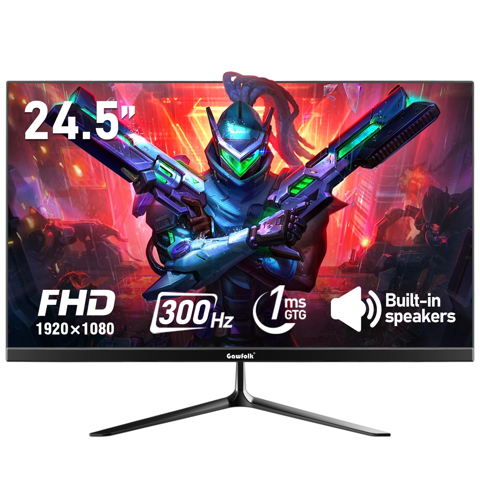Gawfolk Monitor para juegos de PC de 24.5 pulgadas, 300 Hz, pantalla FHD 1080p, sincronización adaptativa, 1 ms sin bisel, 98% sRGB, vista de ángulo de 178°, HDMI, DisplayPort, compatible con montaje
