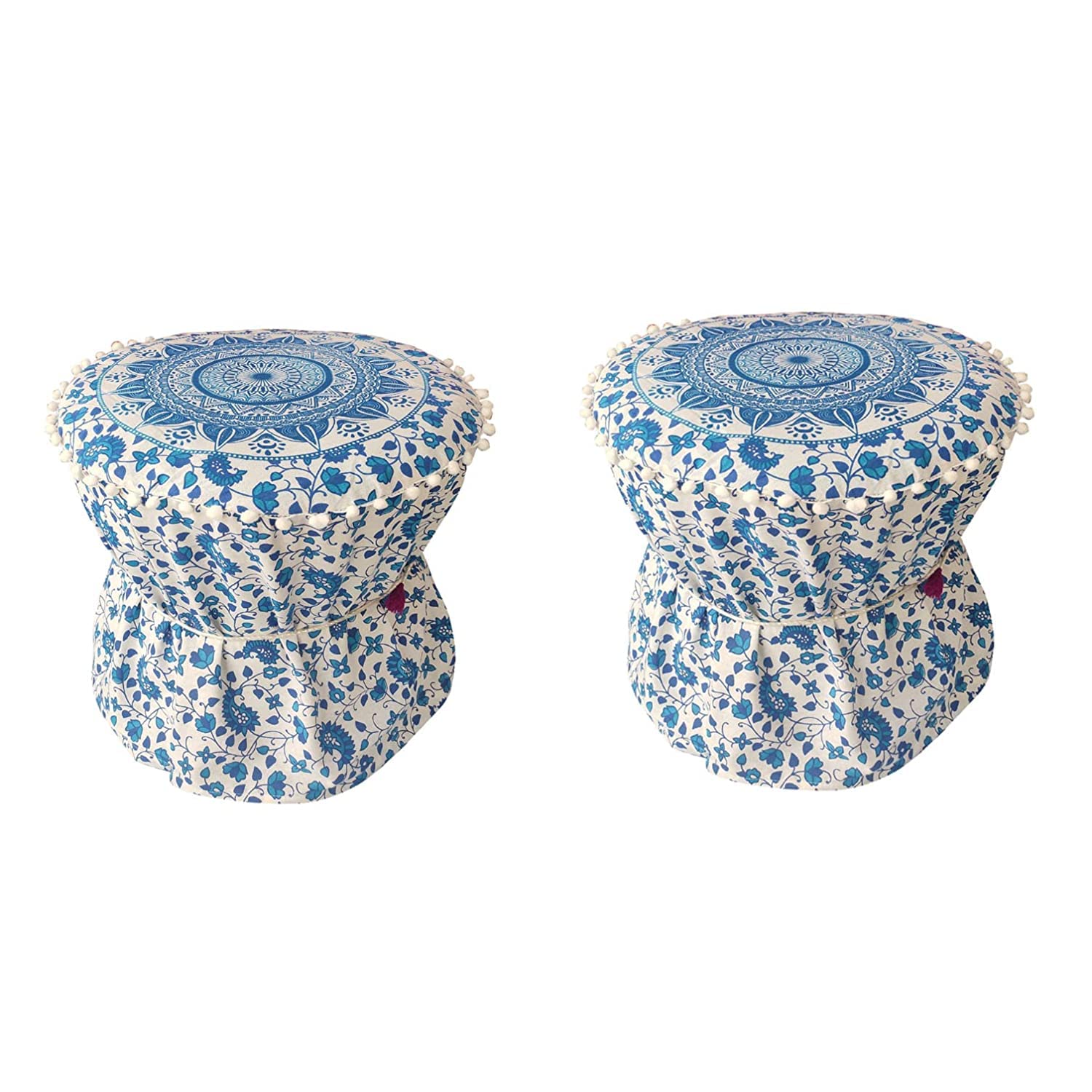 Pakshala Set of Two Footstool Bamboo Cover Mudda Ottoman Pouffe Size 17x18 Inches Love Seats (Cover Only) Blue