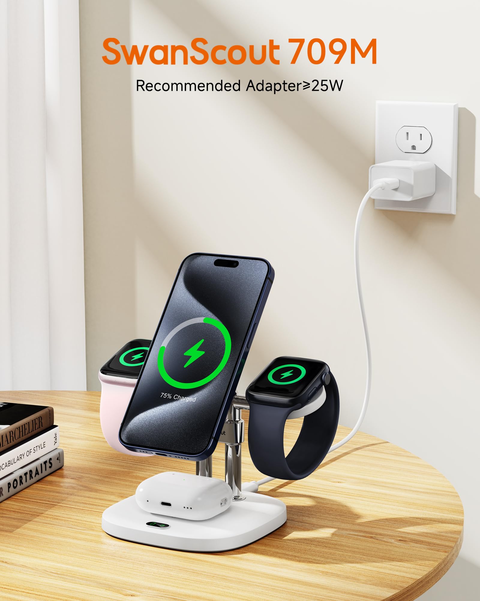 SwanScout 4 in 1 Dual Schnellladestation für Apple Watch 11/Ultra 3/SE 3 | Magnet Kabelloses Ladegerät für iPhone Air/17/16/15, Schnelllade-Ständer für Apple Watch 10/9/8/7/6, für die Ganze Familie