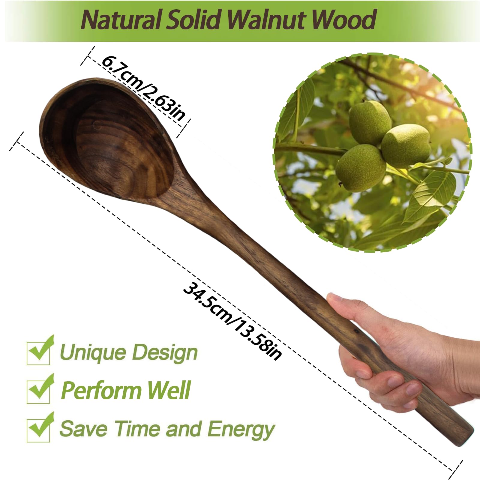 Cuchara de Madera de Nogal， Cuchara de Madera para cocinar， Cuchara de Cocina con Mango Largo， Cuchara de Madera para Servir para Mezclar y Revolver， Utensilios，Ladle