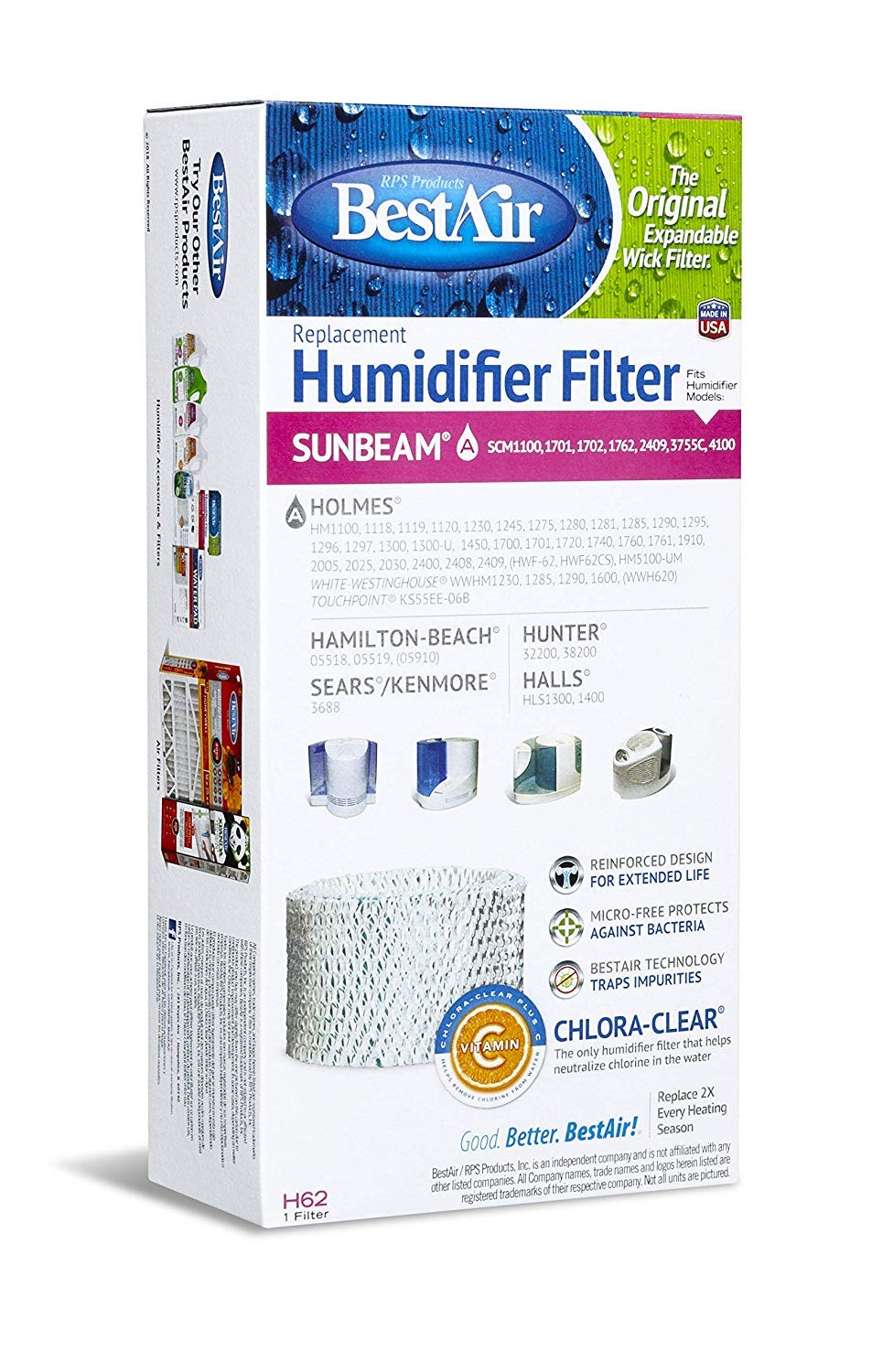 BestAir H62-PDQ-4 Extended Life Humidifier Replacement Paper Wick Humidifier Filter, For Holmes, Sunbeam, Touch Point, Halls, White-Westinghouse & Hamilton-Beach Models, 4.5" x 5.0" x 9.25", 4 Pack