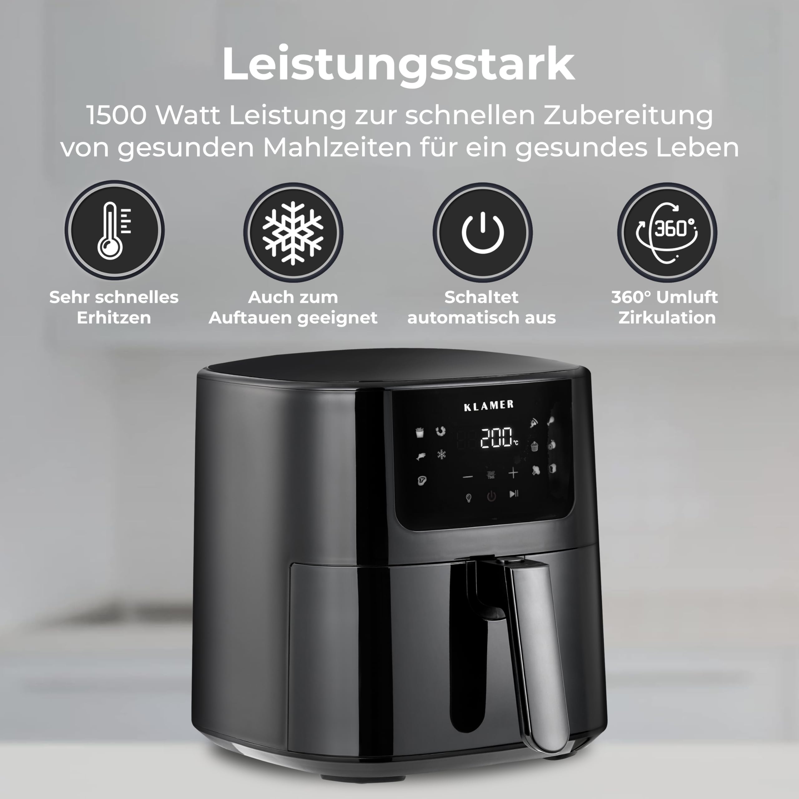 KLAMER Heißluftfritteuse 5 L XL mit Sichtfenster, für bis zu 5 Personen | Airfryer mit 10 Programmen, Schüttel-Erinnerung und digitalem deutschen Rezeptbuch, bereitet Gerichte mit weniger Fett zu