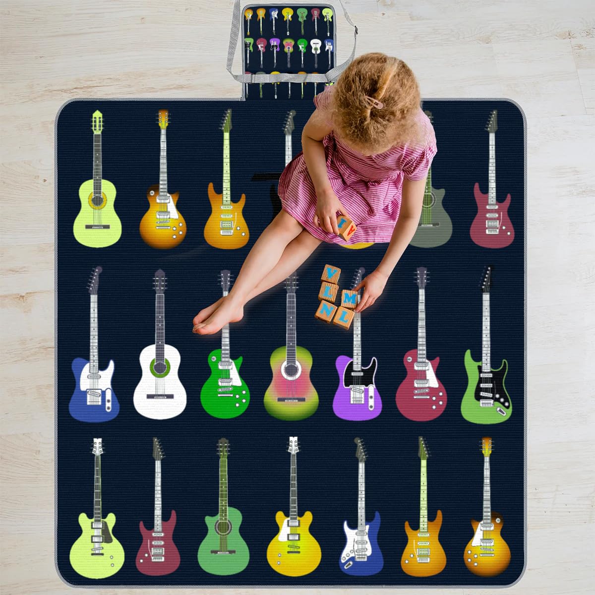 Manta de picnic de 150 x 145 cm, manta de playa plegable con música colorida y guitarra eléctrica para exteriores, impermeable, para playa, camping, senderismo, picnic