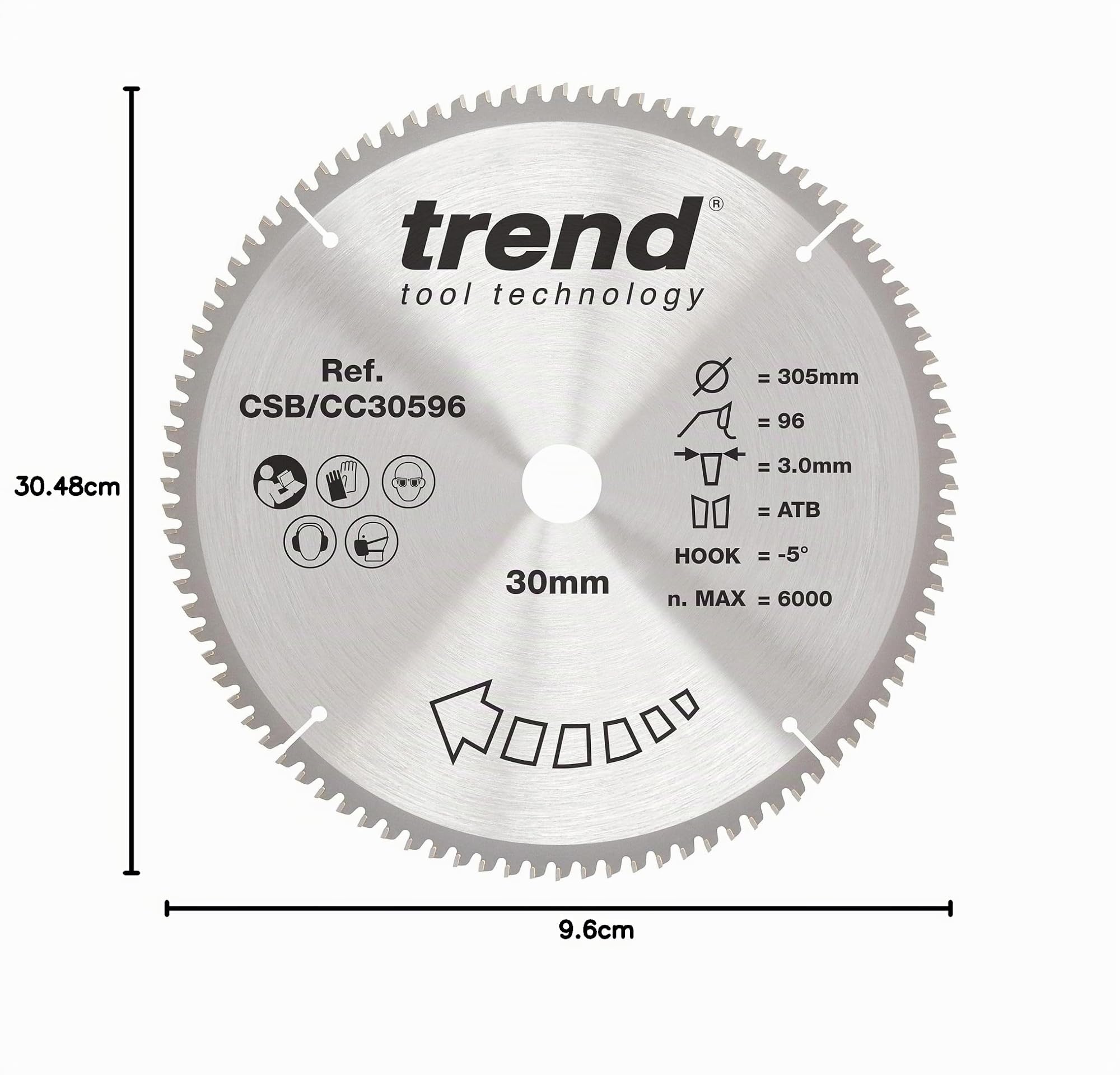 Trend CraftPro Hoja de sierra circular TCT de corte transversal con gancho negativo, 305 mm de diámetro x 96 dientes x 30 mm de diámetro interior, punta de carburo de tungsteno, CSB/CC30596