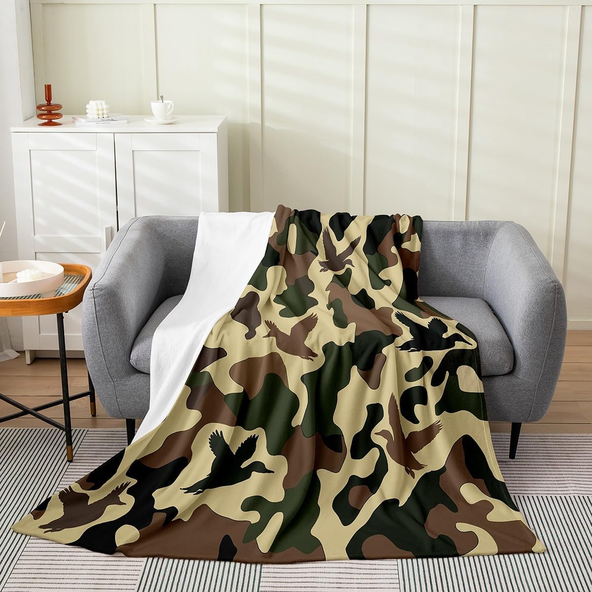 Erosebridal Farmhouse Flannel Blanket Camo Throw Blanket for Kids Army Camouflage Hunting Fleece Blanket Vintage Brown Green Room Decor Wild Animal Duck Rustic Blanket Queen Inch