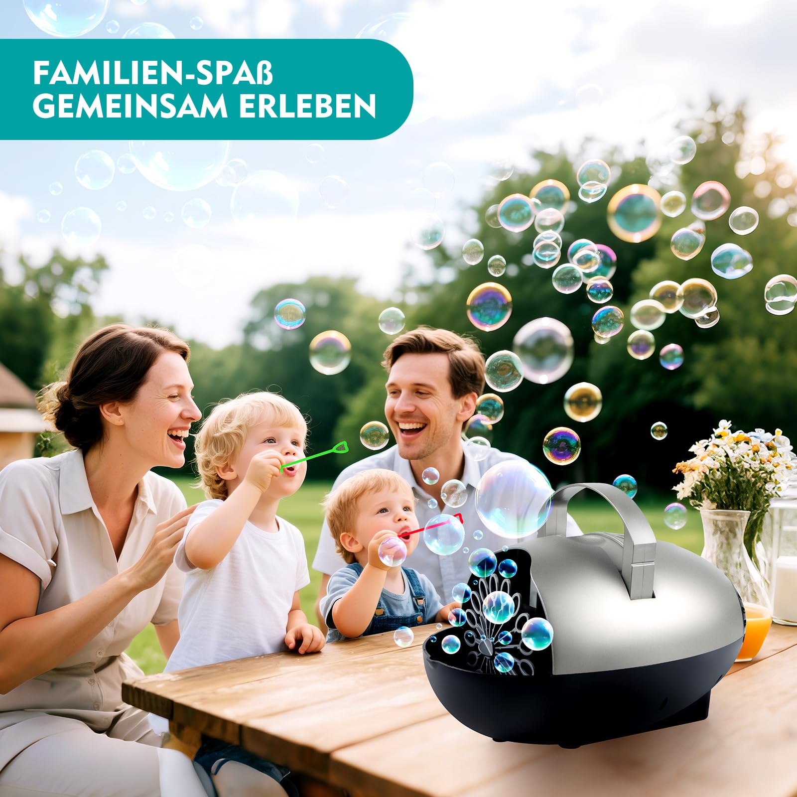 Máquina de pompas de jabón – 20.000+ pompas/min, USB C/batería, 350 ml, 3 tamaños de burbujas, 2 velocidades, portátil con mango extensible — view 3