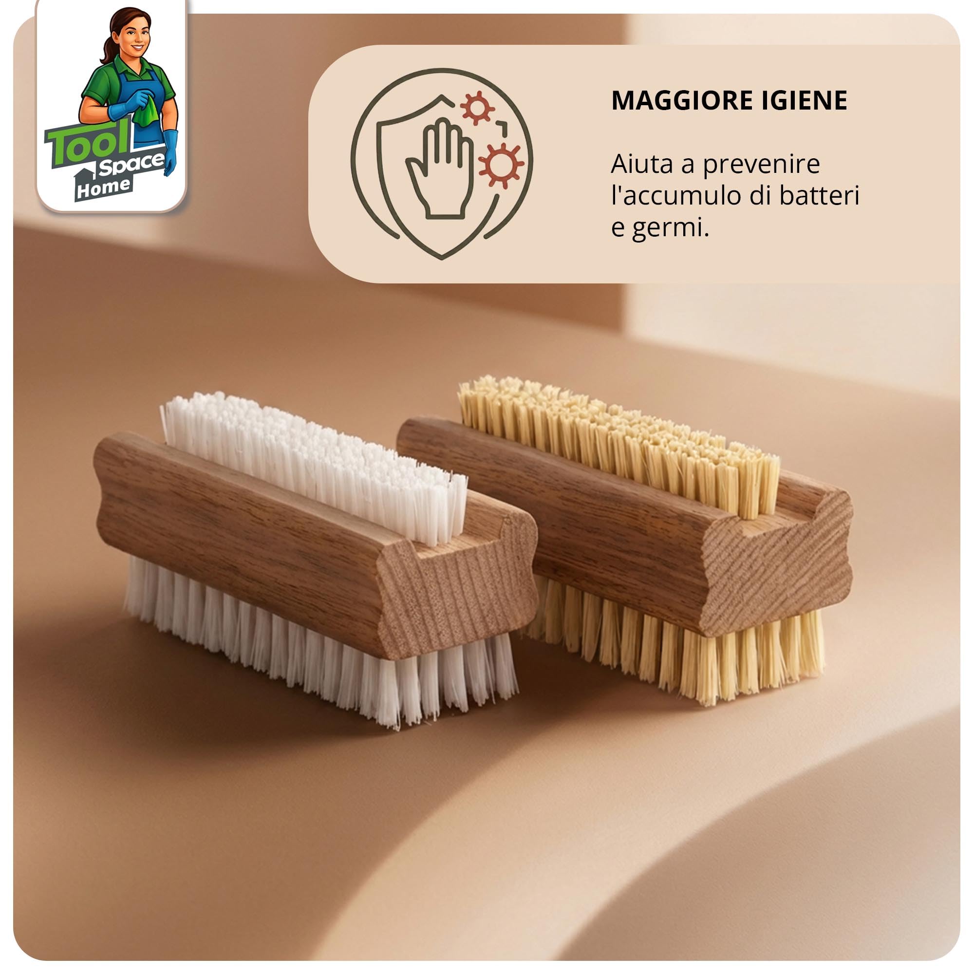 ToolSpace 2 Pezzi Spazzola per la Mano in Legno - Faggio Spazzolina per Pulizia Unghie Mani e Piedi - Dura Spazzole Doppiafaccia con Setole Naturale per Manicure Pedicure e Corpo - Spa Accessorio