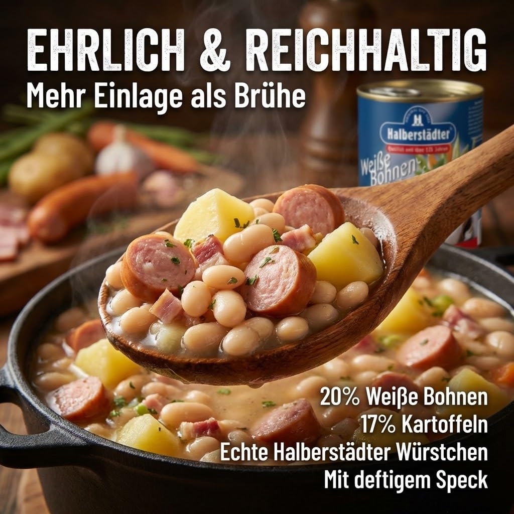 Halberstädter 12x Weiße Bohnen-Eintopf in herzhafter Fleischbrühe eingekocht mit Kartoffeln, Gemüse & original Halberstädter Würstchen