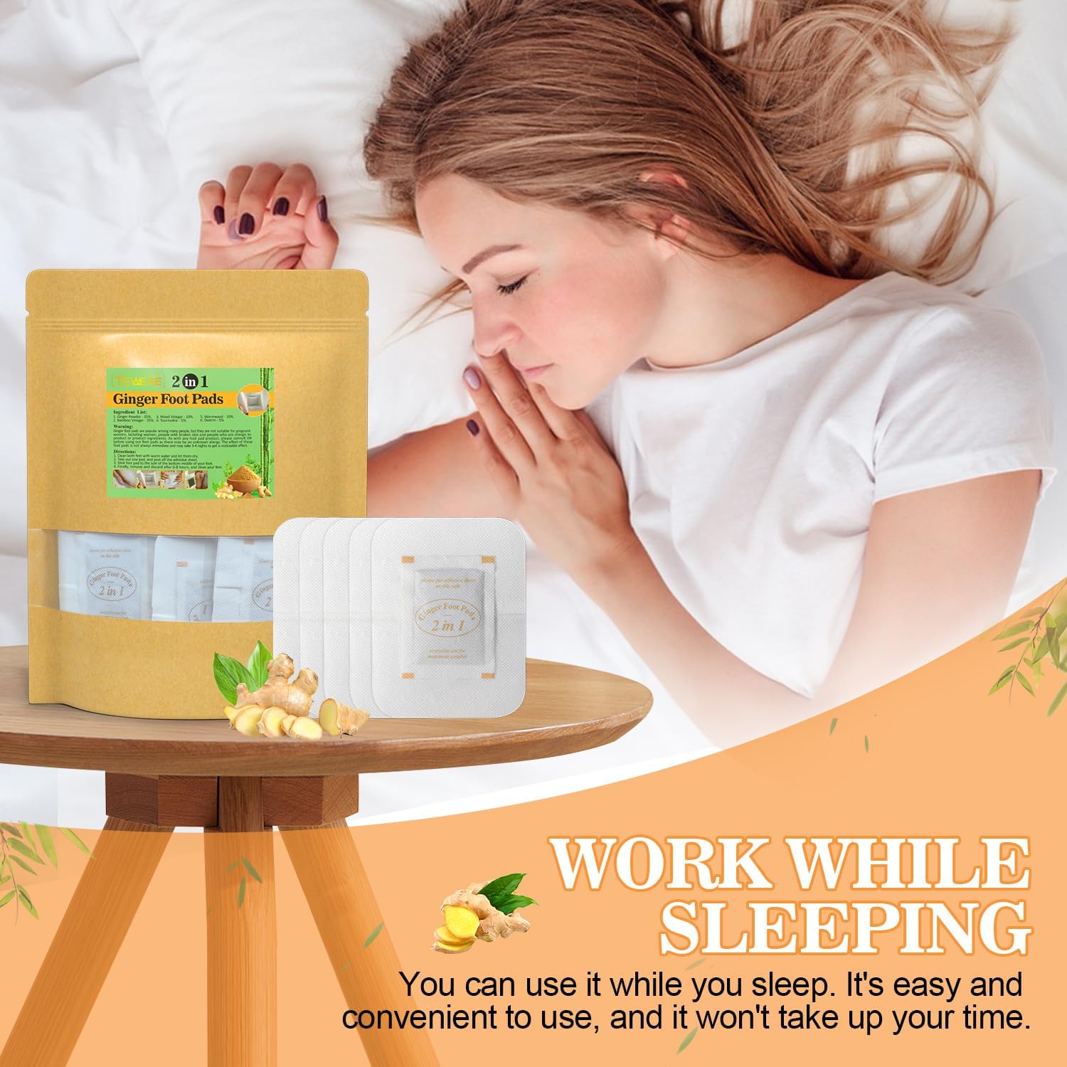 TEWEAE 2 in 1 Ginger Foot Pads, 120 Pads Tear and Use, Premium Natural Ingredients Ginger Powder, Bamboo Vinegar FootPads with ''Stay in Place'' Adhesive Pads Sheet
