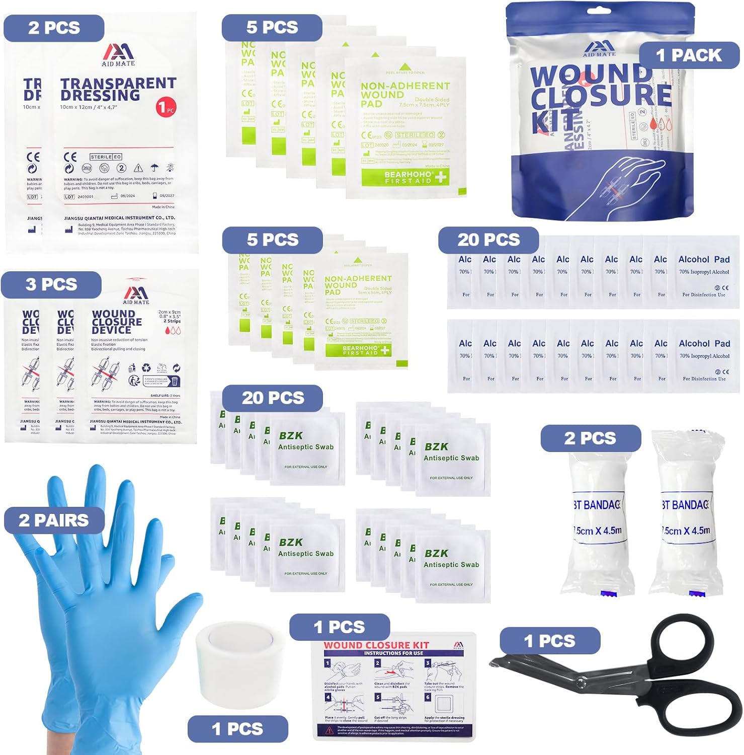 Wound Closure Kit, 6pcs with Dresssings, Wound Closure Strips Without Suture, Stitch Zip Laceration Closure Kit for Cut Care, Adhesive Wound Closure Bandages