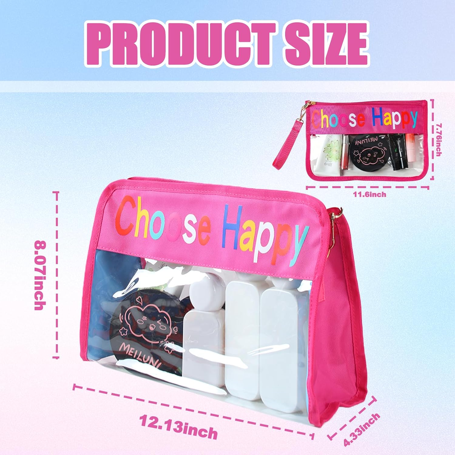 8 Pack Clear Cosmetic Bags for Adults, with Zipper & Strap, Lightweight Toiletry Organizer for Travel & Daily Use (Pink)