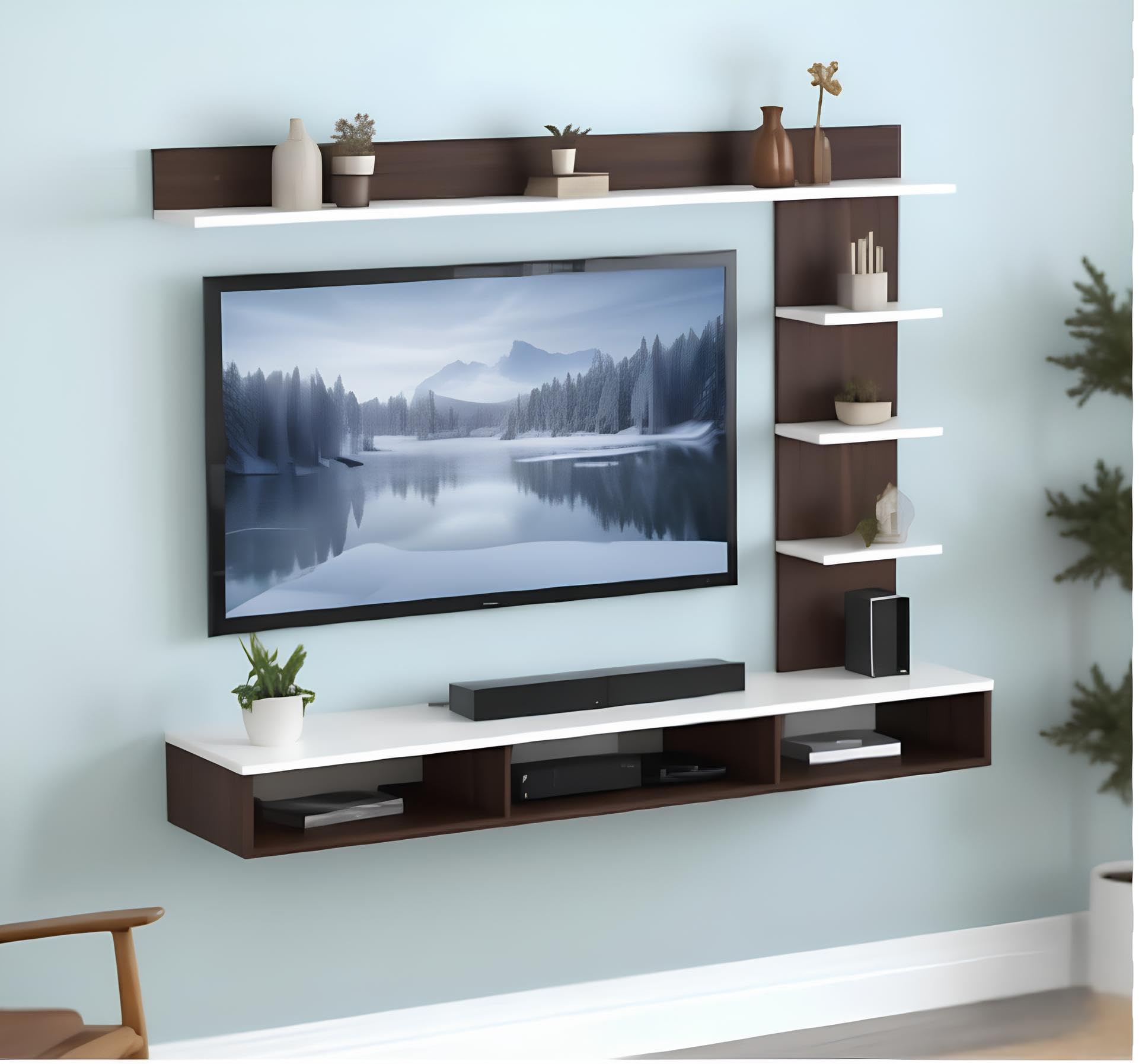 clufrox 48 inch mdf c shaped wall mounted tv unit, floating cabinet for wall for living room/kid's room/bedroom suitable for upto 48 inches smart tv (c style cabinet, wenge white)