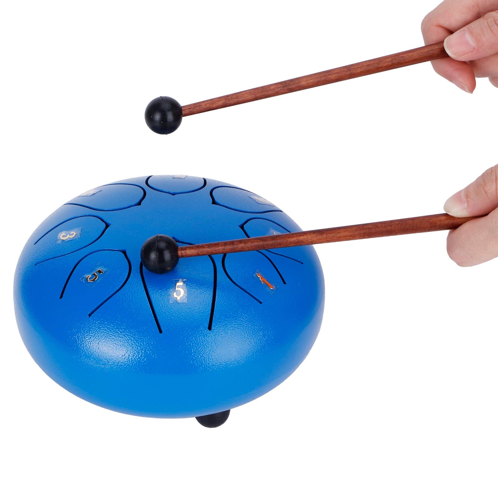 Tambour de langue de 6 pouces, tambour handpan à 8 tons, instrument de percussion éthéré en alliage d’acier et de titane, avec baguettes et couvre-doigts, pour la méditation, le (Bleue)