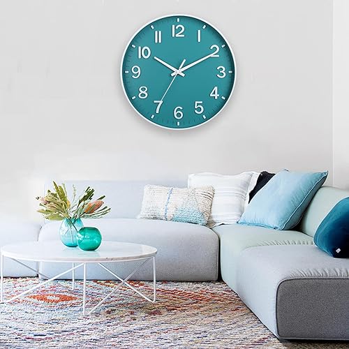 Miniatura 2 de HZDHCLH Reloj de pared verde azulado con pilas, 12 pulgadas, silencioso, sin tictac, moderno, para sala de estar, dormitorio, cocina, oficina,