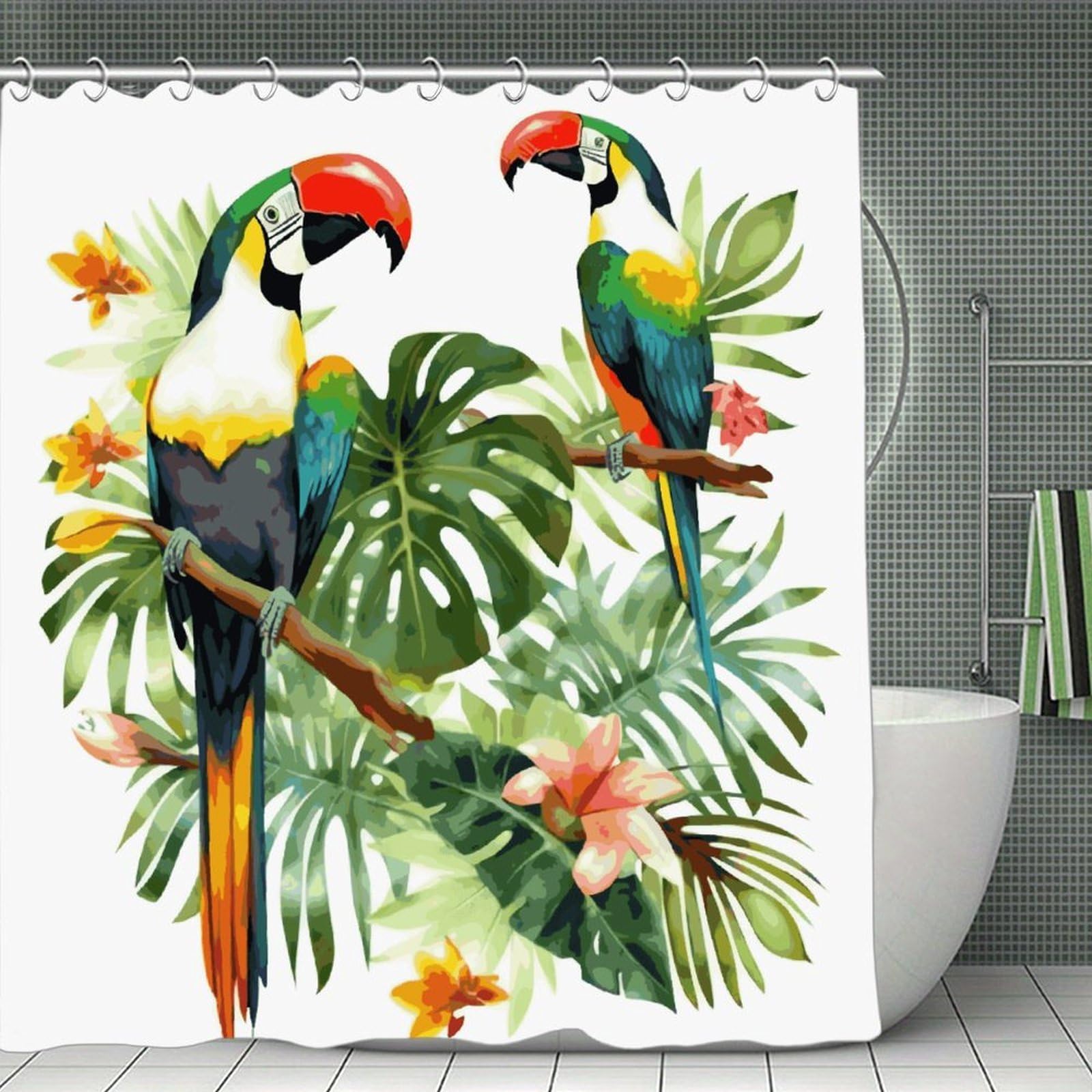 VstaDank Toucans Parrot Palm Tree Leaves Bath Curtain Elegant Heavy Duty Shower Curtains 70x70 in Rustic Farmhouse Cloth Shower Curtains Neutral Modern Bath Curtain for Bathroom