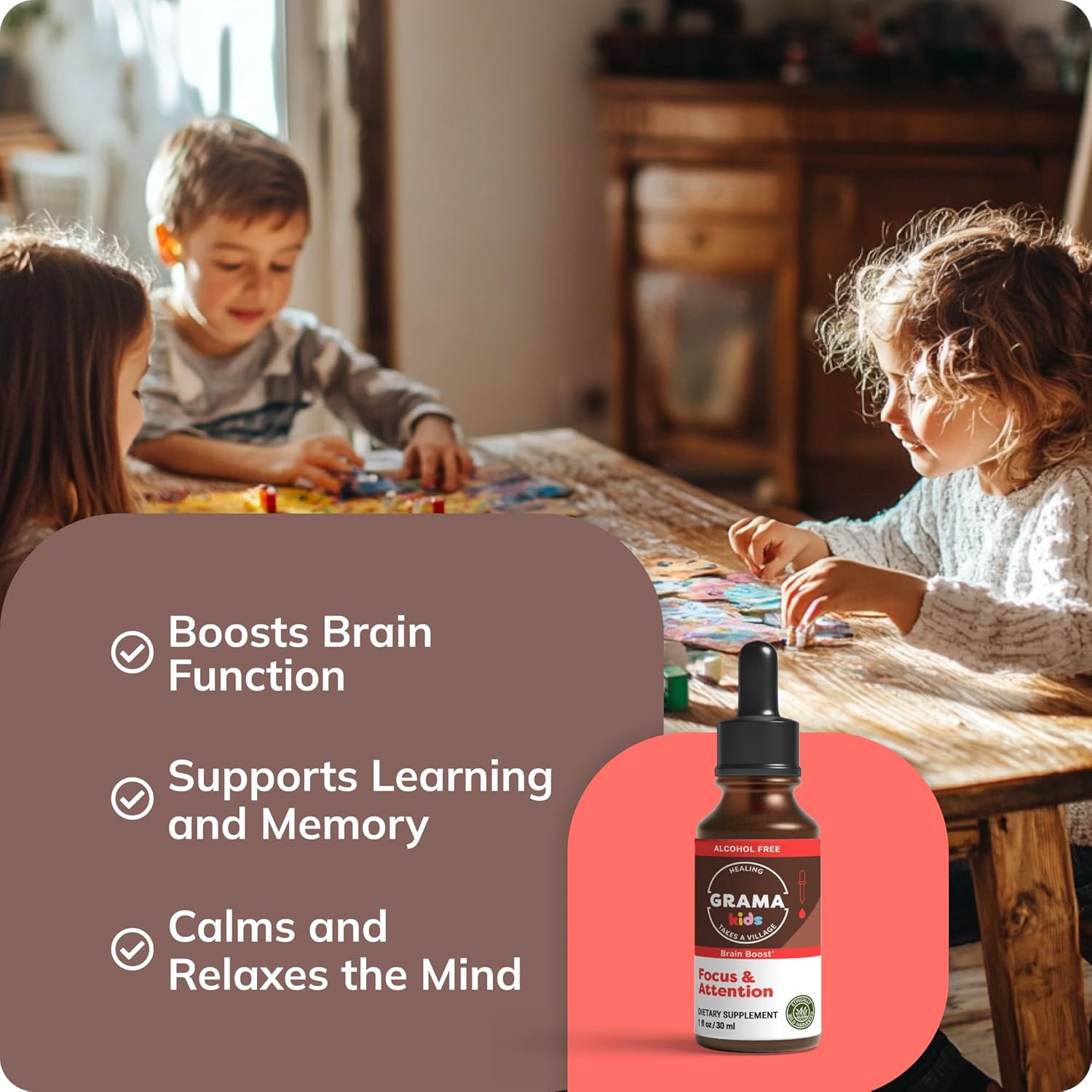 Grama Wellness - Focus & Attention Organic Kids Brain Vitamins & Cognitive Support Drops, ADHD Supplement with Ginkgo Biloba, Rhodiola, Gotu Kola, Licorice Root | Made in USA – 30 Servings - Image 6