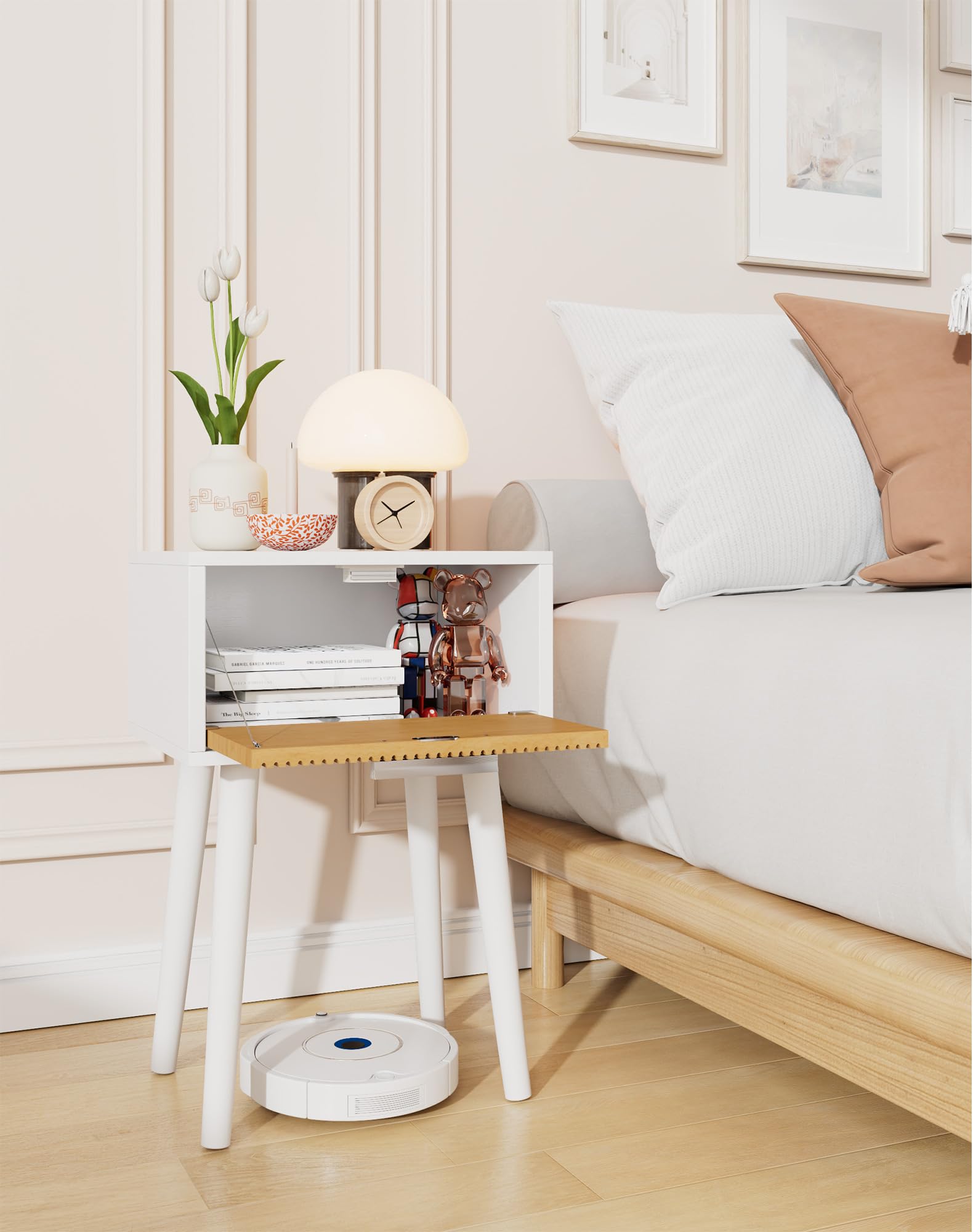 YMYNY Set di 2 Comodini, Tavolino in Legno, Cassetti decorati in ondulata, Maniglia magnetica, Gambe di legno massiccio, Catena di fissaggio, per Camera da Letto, Bianco e Naturel HST014WN-2